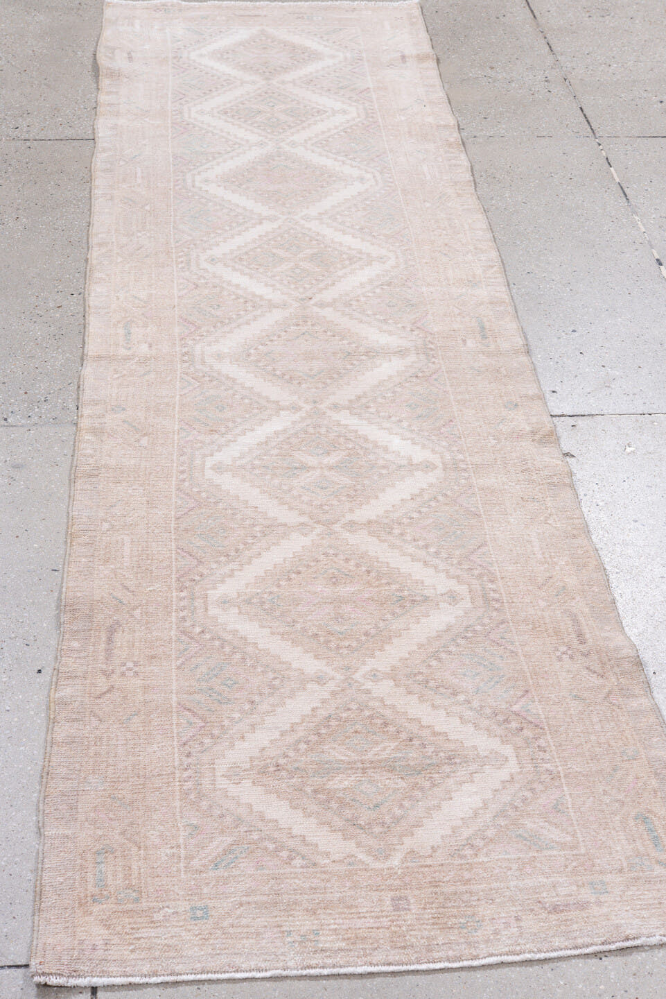 2' x 8' one-of-a-kind handmade antique Hamadan runner rug. Color palette: ivory, blush, taupe, pale blue, sand, pink, beige