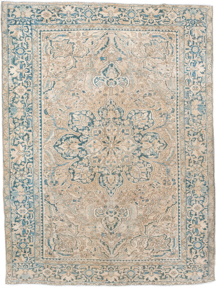 8' x 11' one-of-a-kind handmade vintage Heriz large size rug. Color palette: ivory, sky blue, beige, taupe, camel