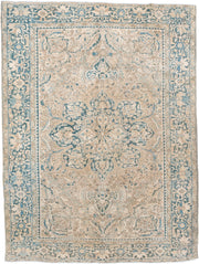 8' x 11' one-of-a-kind handmade vintage Heriz large size rug. Color palette: ivory, sky blue, beige, taupe, camel