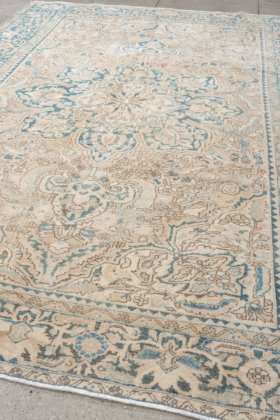 8' x 11' one-of-a-kind handmade vintage Heriz large size rug. Color palette: ivory, sky blue, beige, taupe, camel