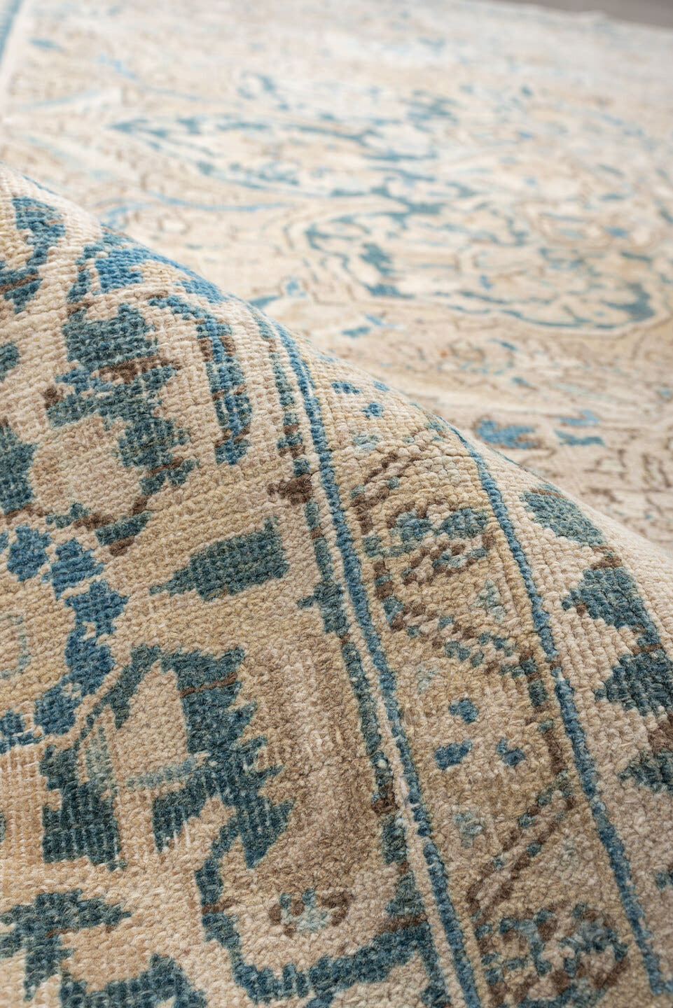 8' x 11' one-of-a-kind handmade vintage Heriz large size rug. Color palette: ivory, sky blue, beige, taupe, camel