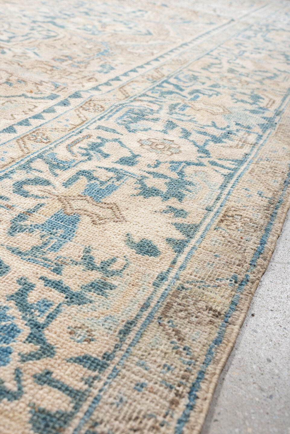 8' x 11' one-of-a-kind handmade vintage Heriz large size rug. Color palette: ivory, sky blue, beige, taupe, camel
