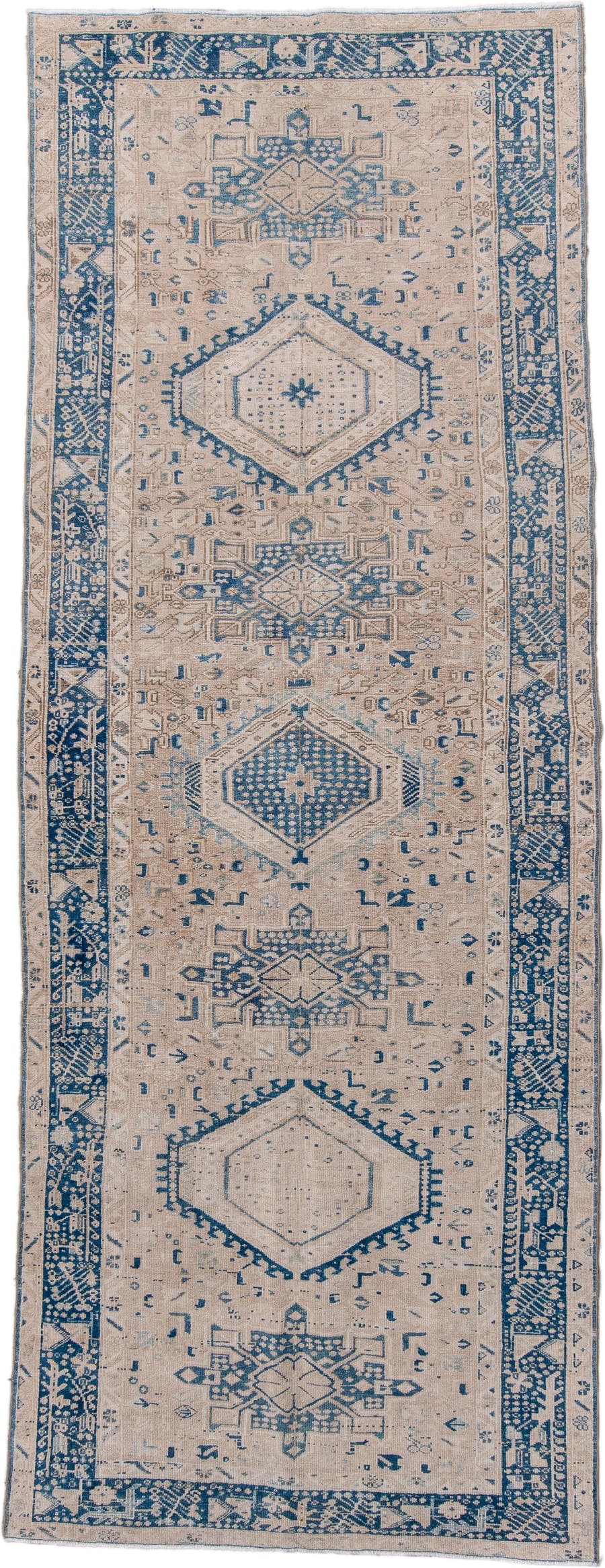 4' x 12' one-of-a-kind handmade antique Karaje runner rug. Color palette: ivory, indigo, slate, taupe, cream, purple, gray