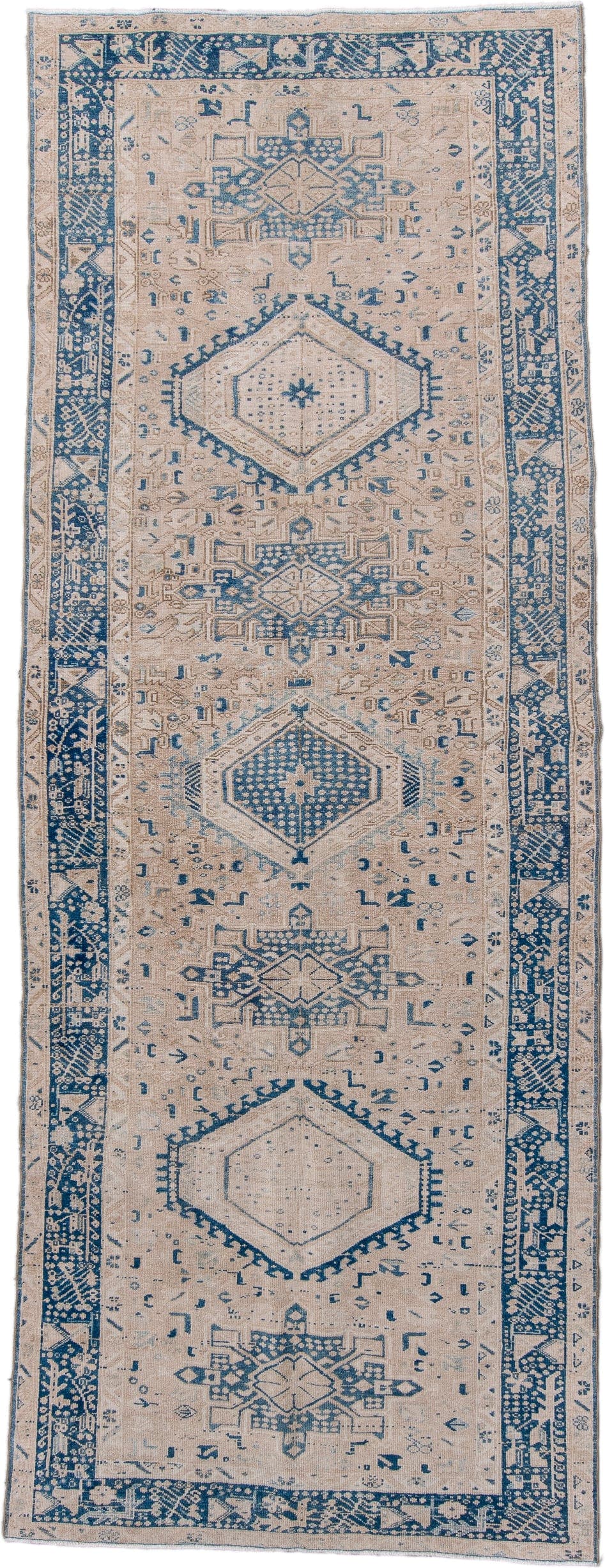 4' x 12' one-of-a-kind handmade antique Karaje runner rug. Color palette: ivory, indigo, slate, taupe, cream, purple, gray