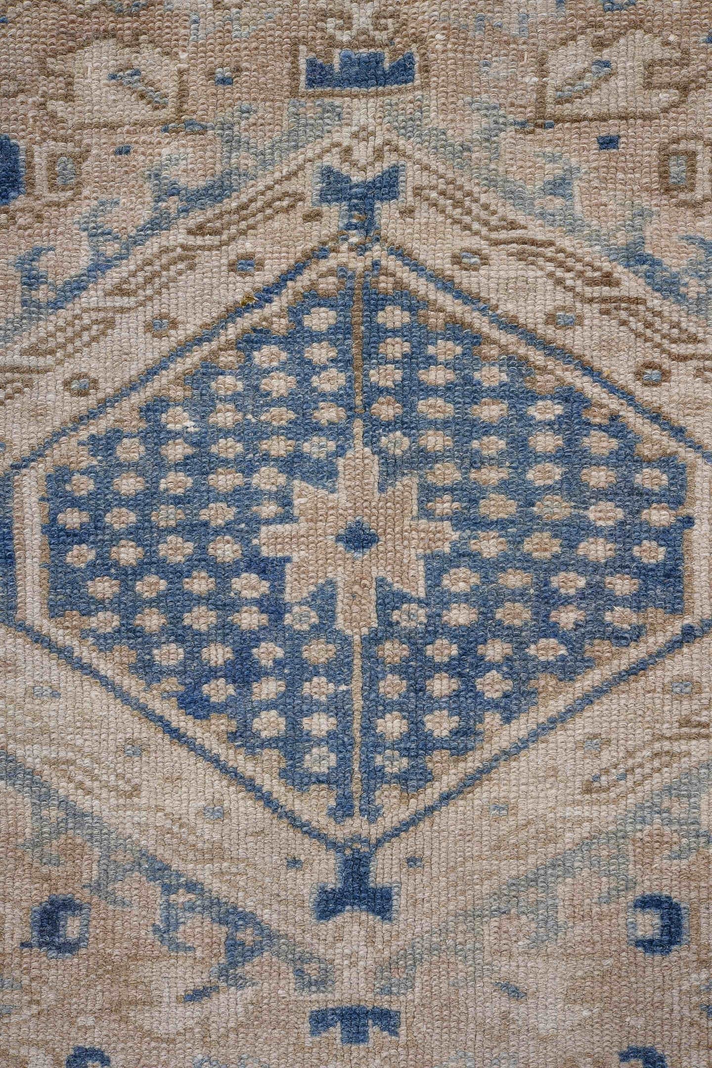 4' x 12' one-of-a-kind handmade antique Karaje runner rug. Color palette: ivory, indigo, slate, taupe, cream, purple, gray