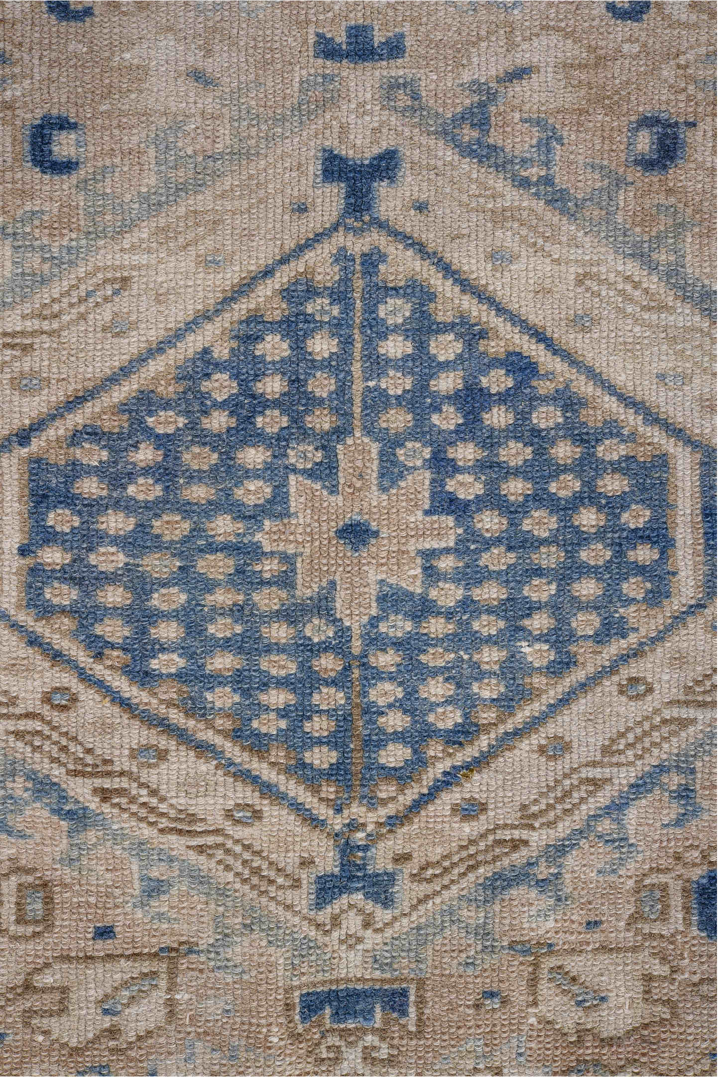 4' x 12' one-of-a-kind handmade antique Karaje runner rug. Color palette: ivory, indigo, slate, taupe, cream, purple, gray