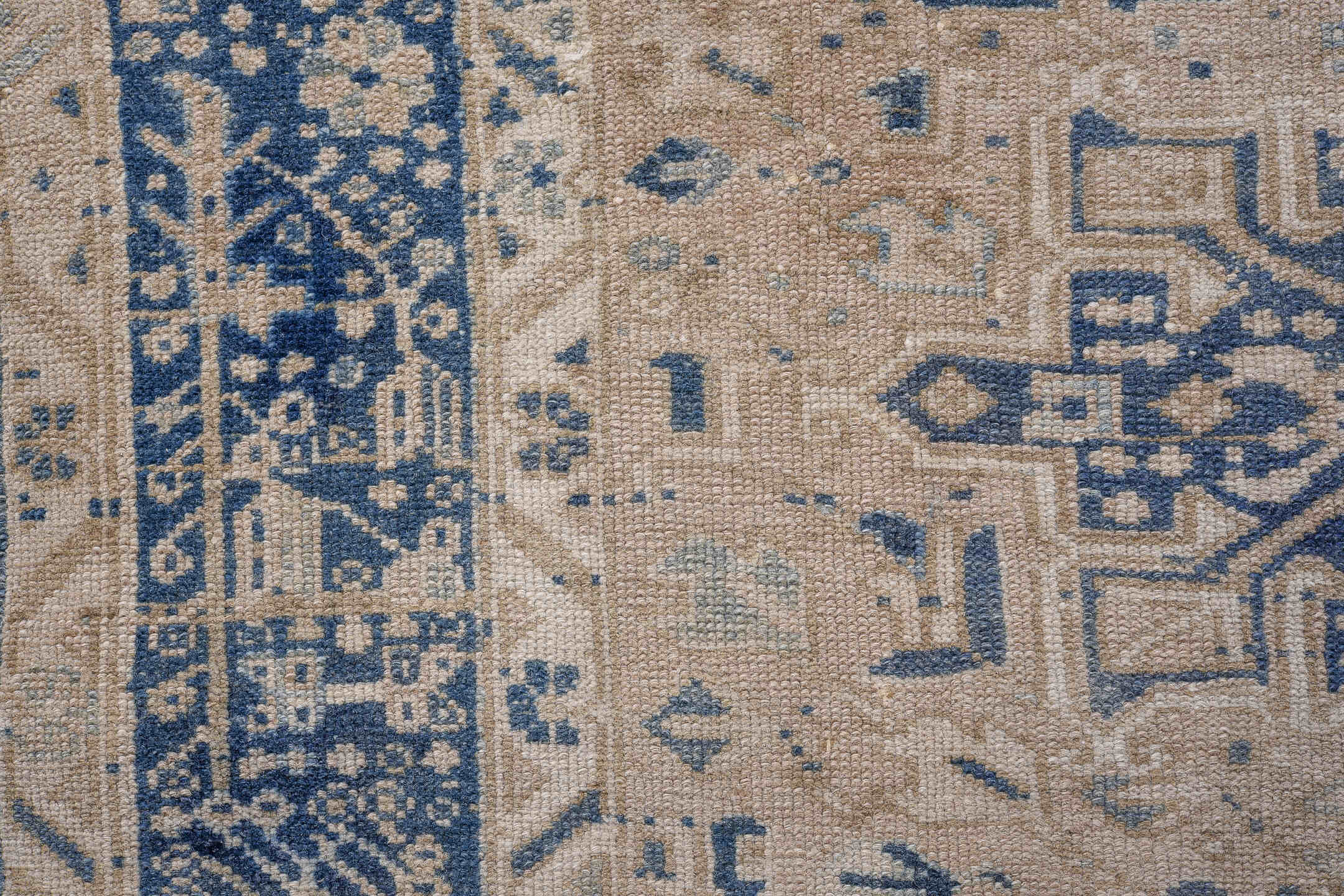 4' x 12' one-of-a-kind handmade antique Karaje runner rug. Color palette: ivory, indigo, slate, taupe, cream, purple, gray
