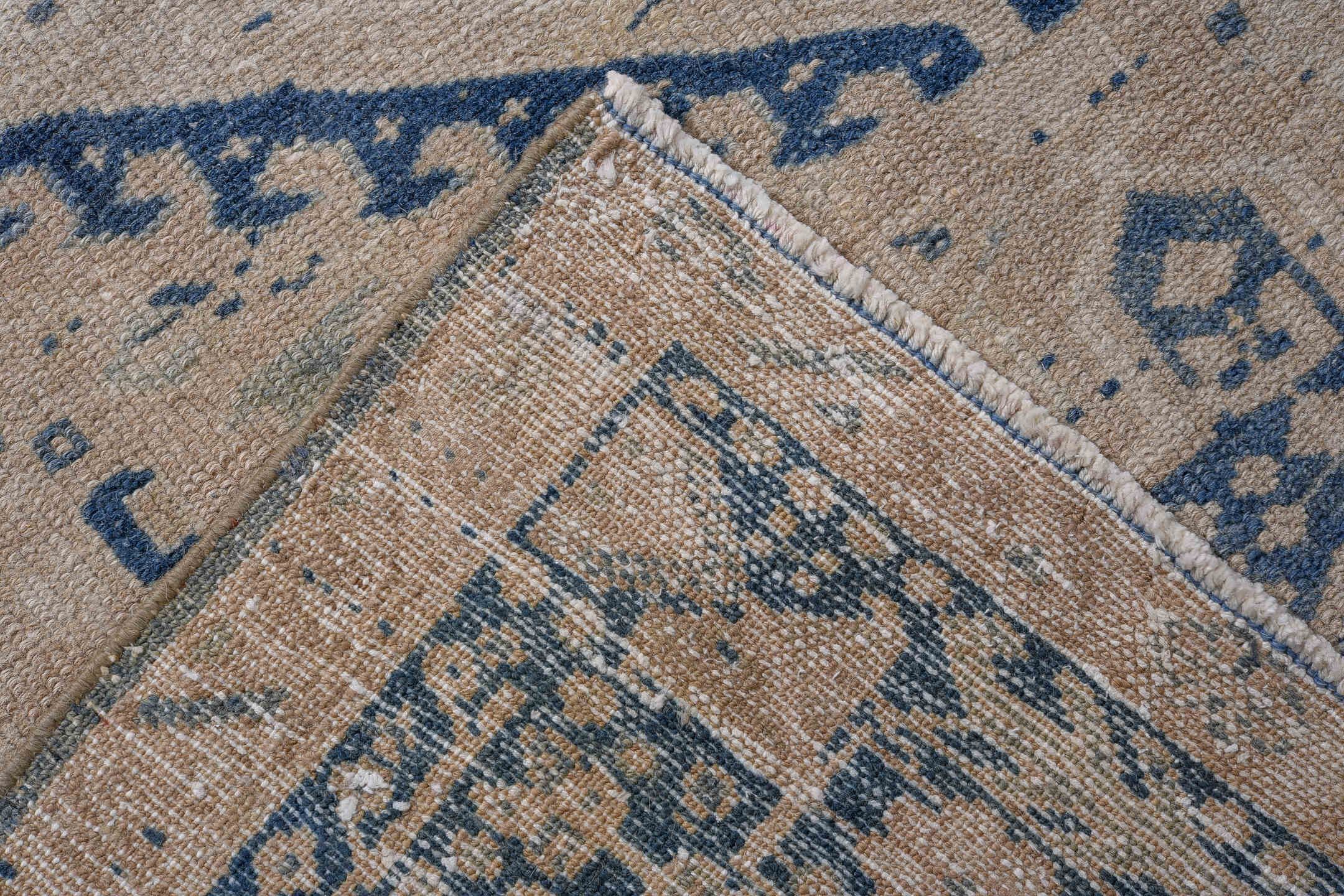 4' x 12' one-of-a-kind handmade vintage Karaje runner rug. Color palette: blue, dark gray, fiord, gray, light gray