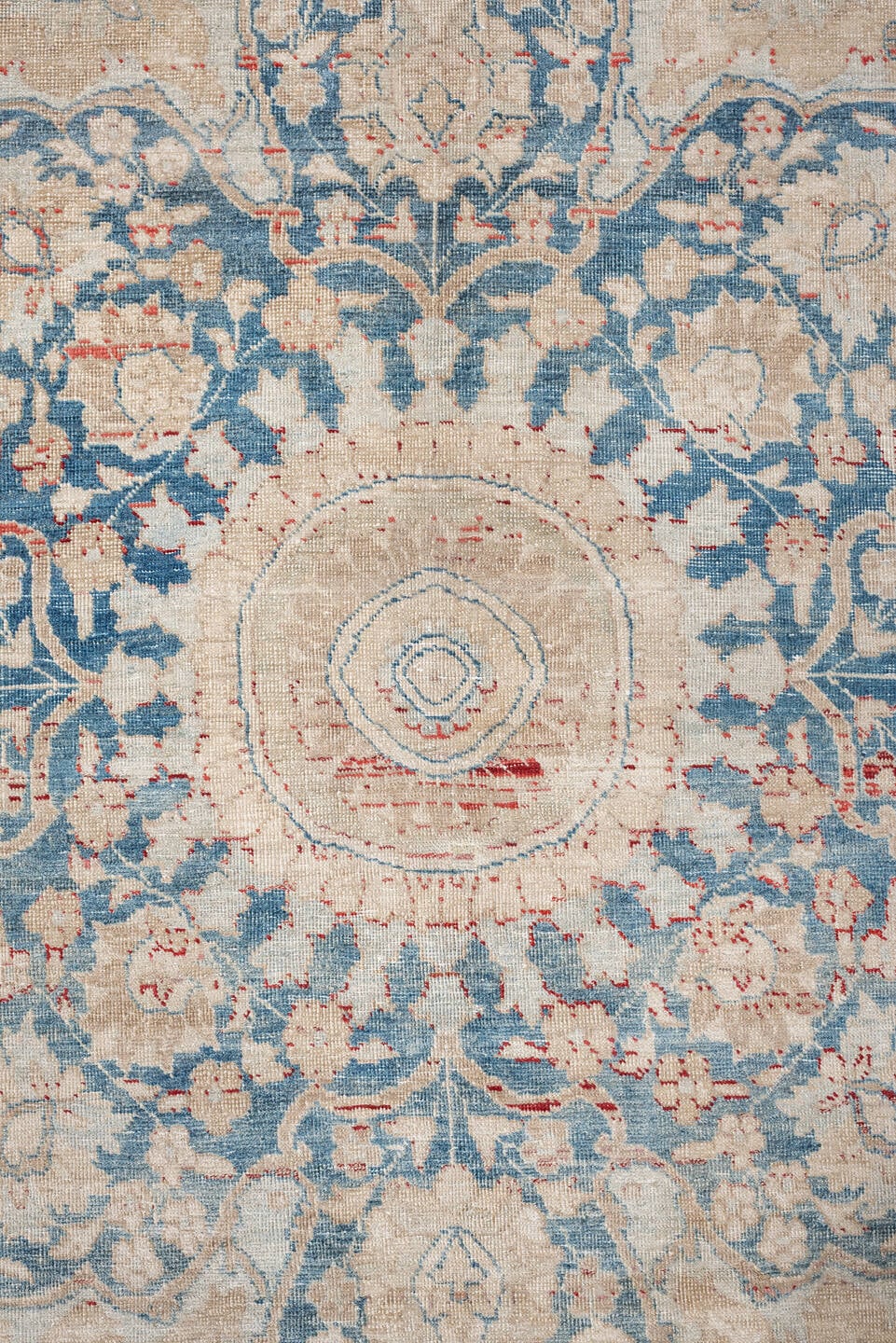 9' x 13' one-of-a-kind handmade vintage Tabriz large size rug. Color palette: ivory, pale blue, beige, muted terracotta