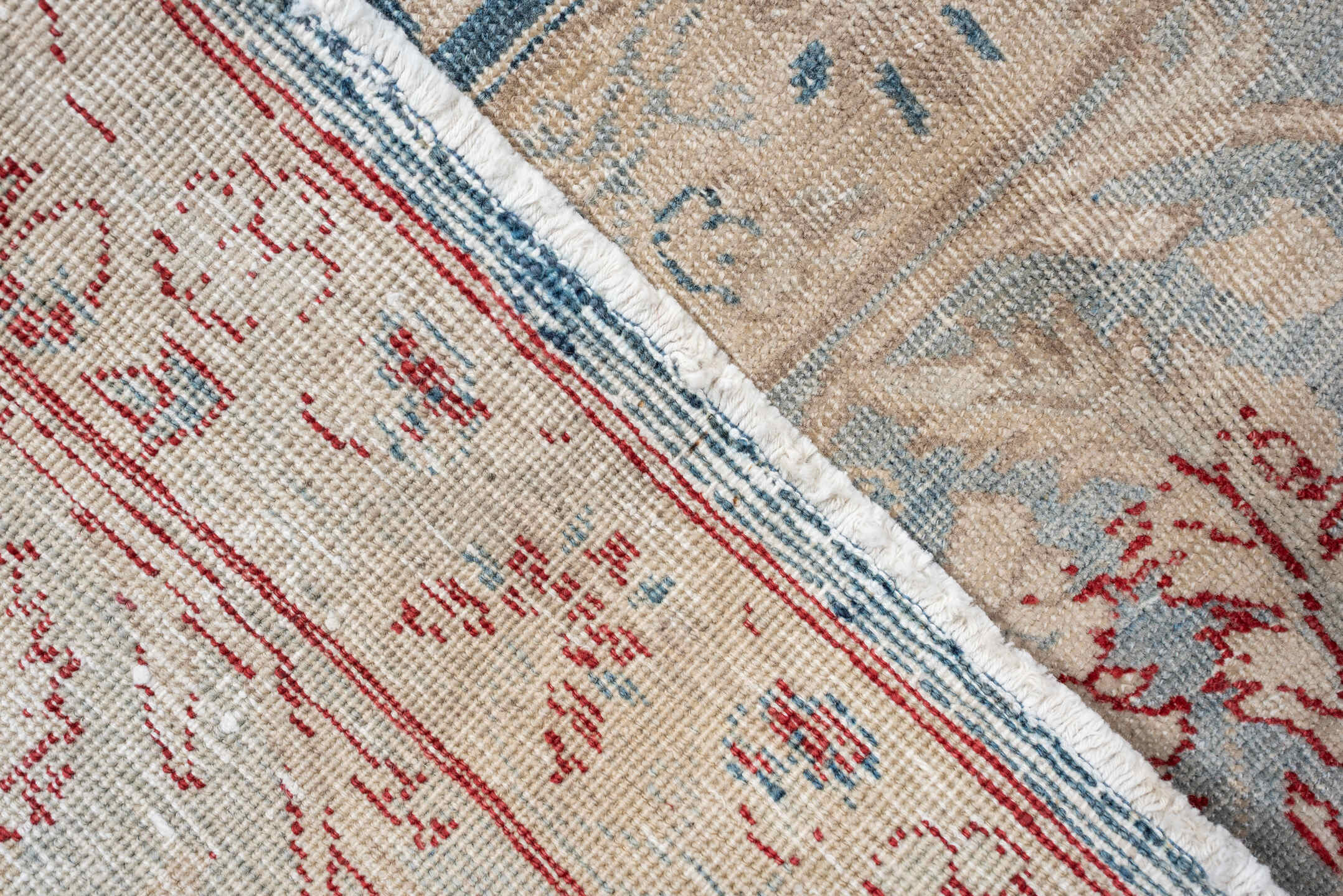 9' x 13' one-of-a-kind handmade vintage Tabriz large size rug. Color palette: ivory, pale blue, beige, muted terracotta