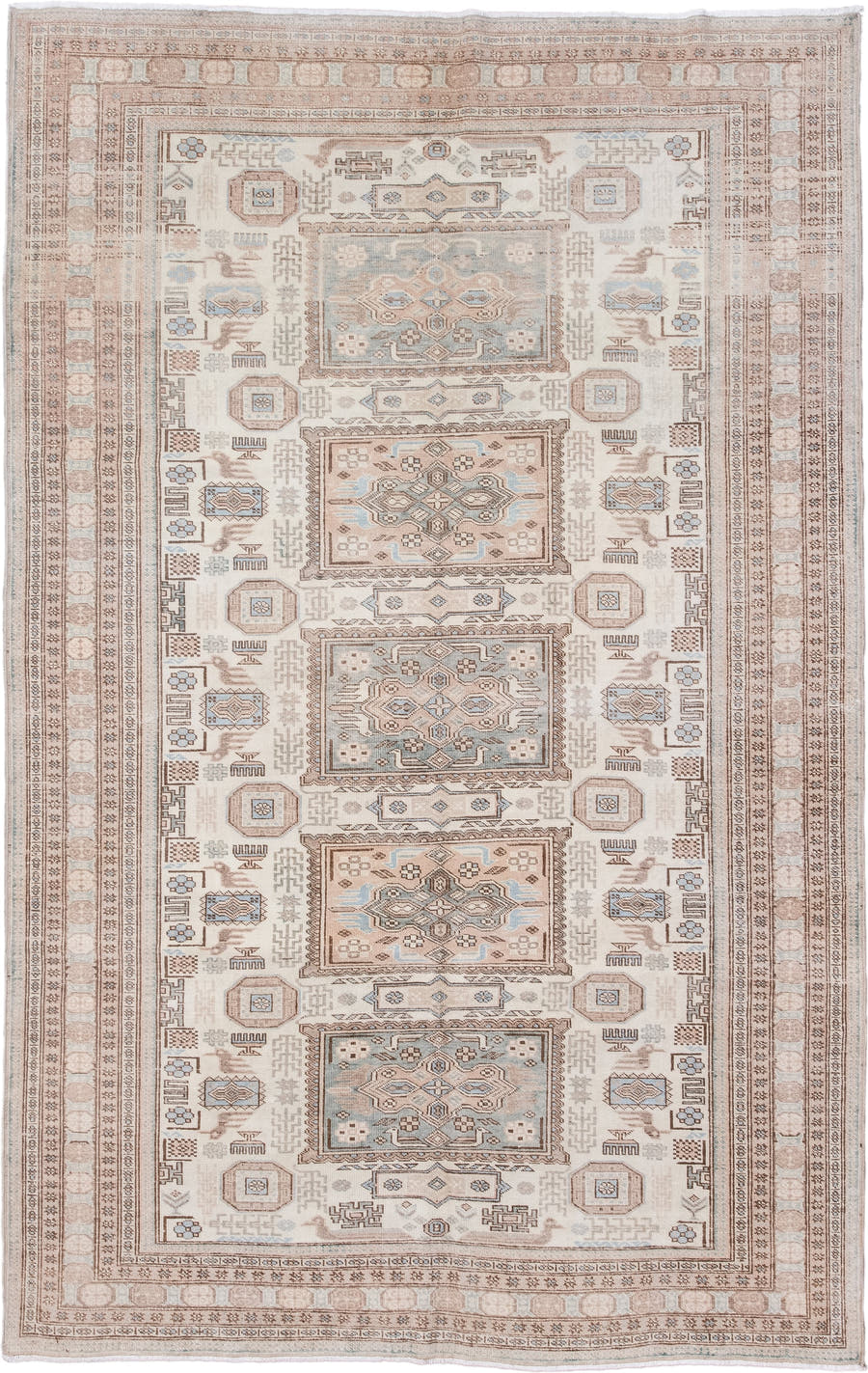 5' x 8' one-of-a-kind handmade antique Ardebil medium size rug. Color palette: ivory, taupe, sand, pale blue, camel, beige