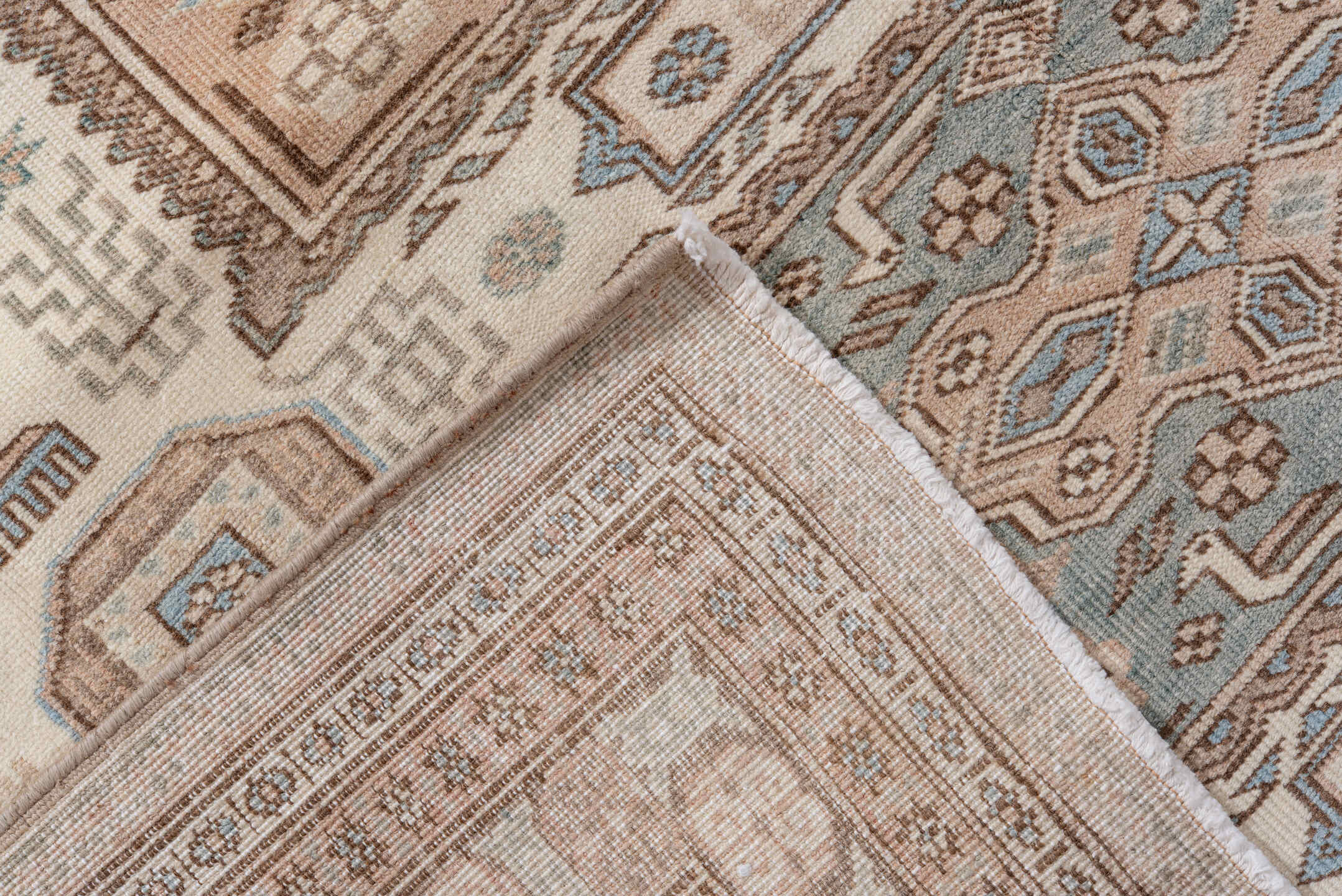 5' x 8' one-of-a-kind handmade antique Ardebil medium size rug. Color palette: ivory, taupe, sand, pale blue, camel, beige