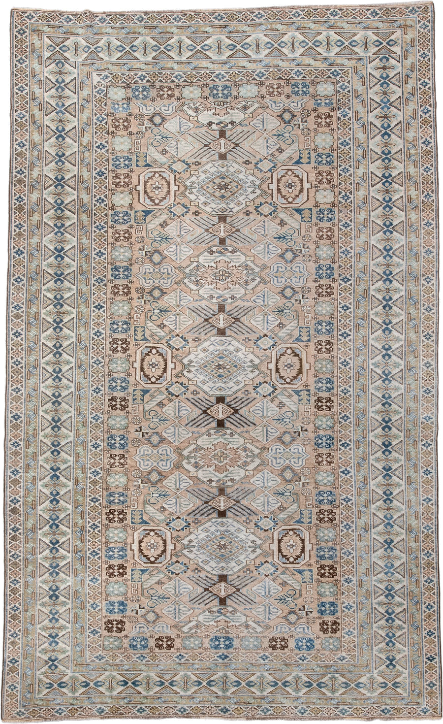 5' x 8' one-of-a-kind handmade antique Ardebil medium size rug. Color palette: ivory, sky blue, taupe, brown, beige, camel