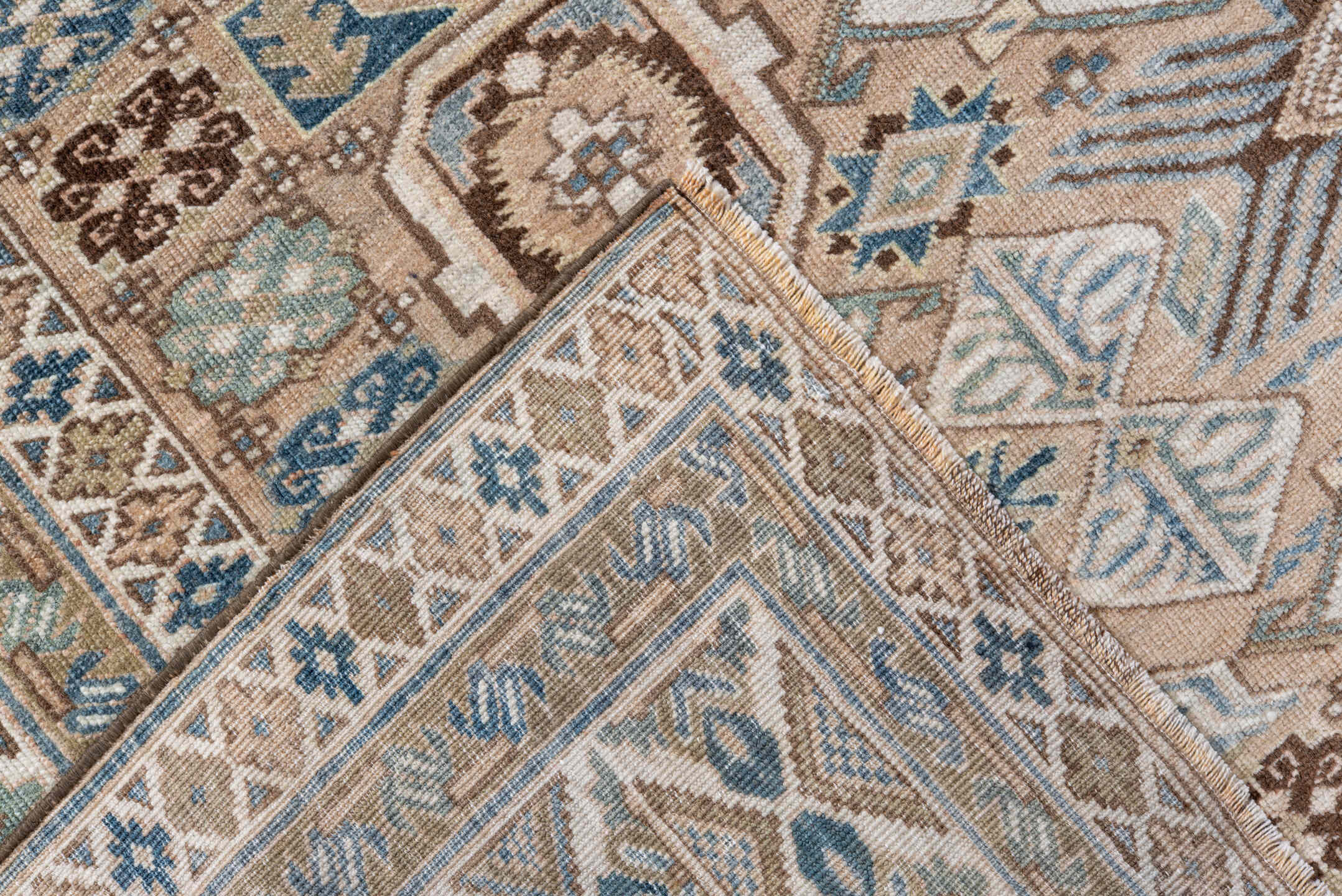 5' x 8' one-of-a-kind handmade antique Ardebil medium size rug. Color palette: ivory, sky blue, taupe, brown, beige, camel