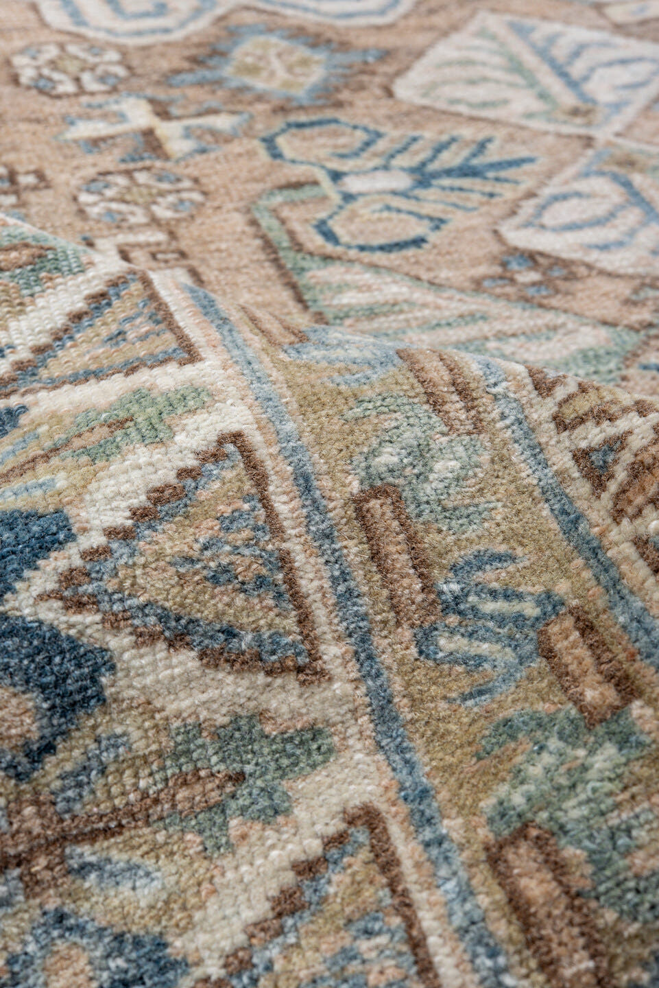 5' x 8' one-of-a-kind handmade antique Ardebil medium size rug. Color palette: ivory, sky blue, taupe, brown, beige, camel