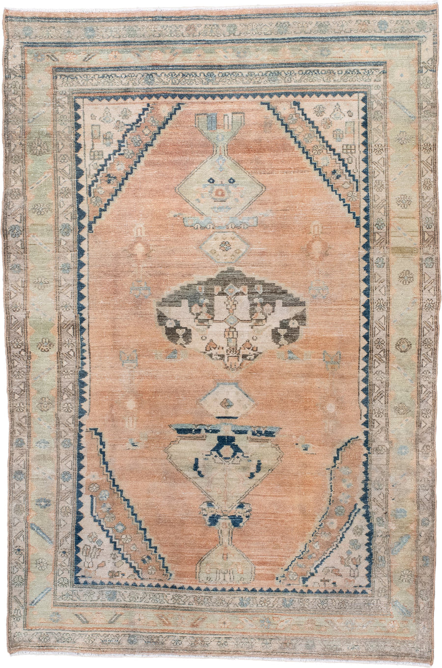 4' x 6' one-of-a-kind handmade antique Malayer small size rug. Color palette: peach, ivory, pale blue, taupe, charcoal
