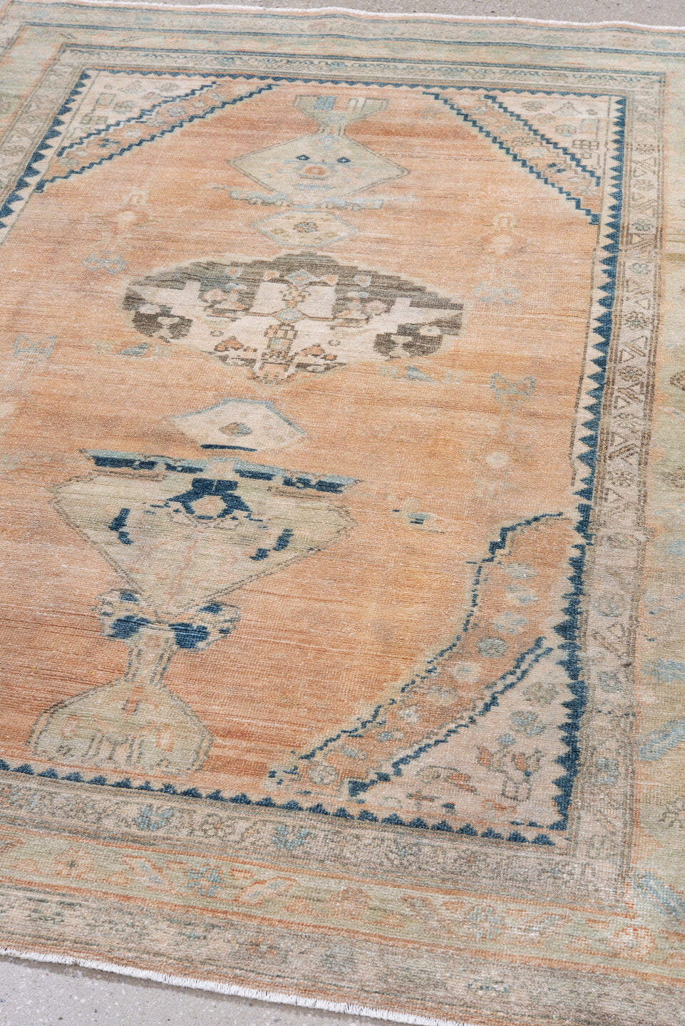 4' x 6' one-of-a-kind handmade antique Malayer small size rug. Color palette: peach, ivory, pale blue, taupe, charcoal