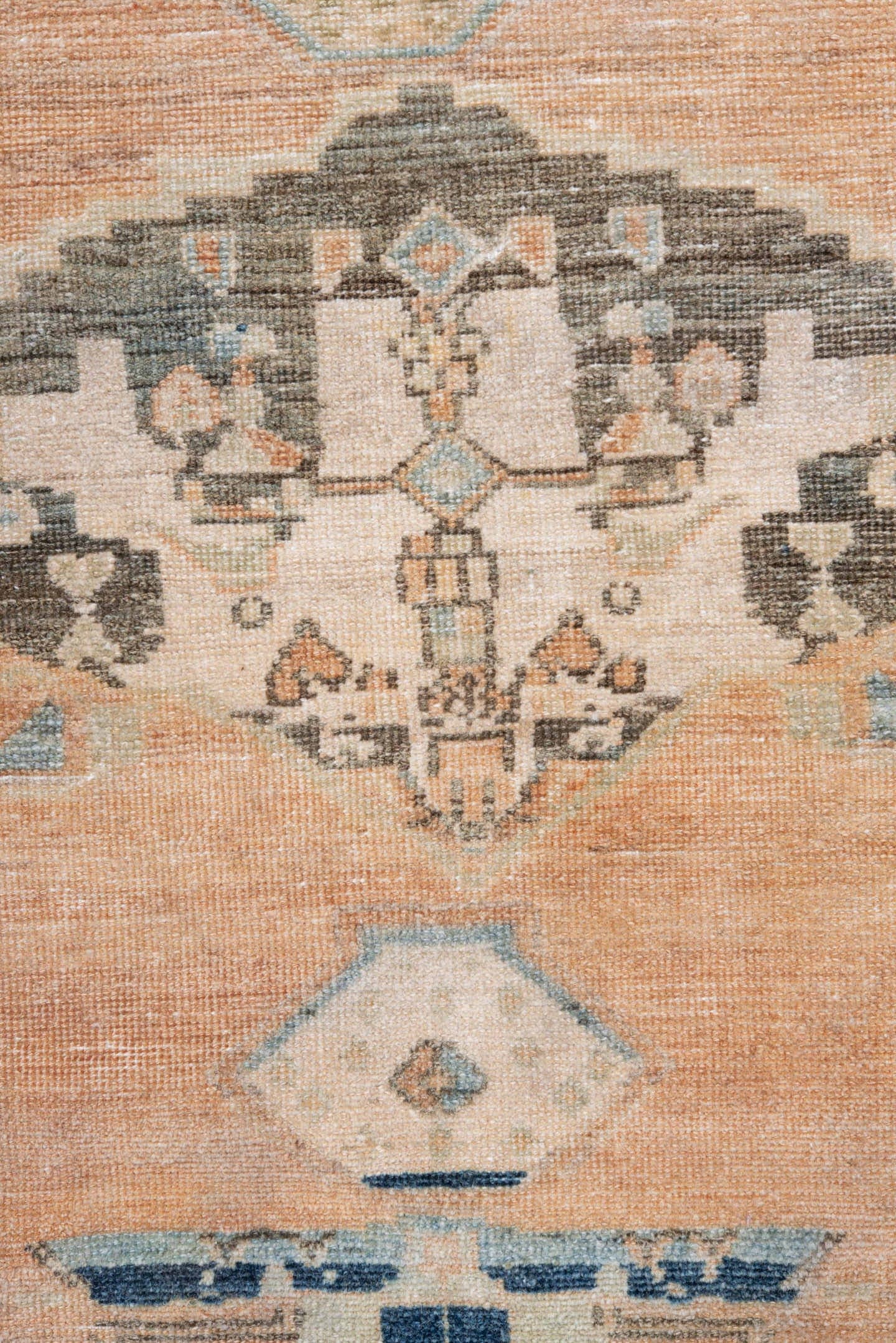 4' x 6' one-of-a-kind handmade antique Malayer small size rug. Color palette: peach, ivory, pale blue, taupe, charcoal