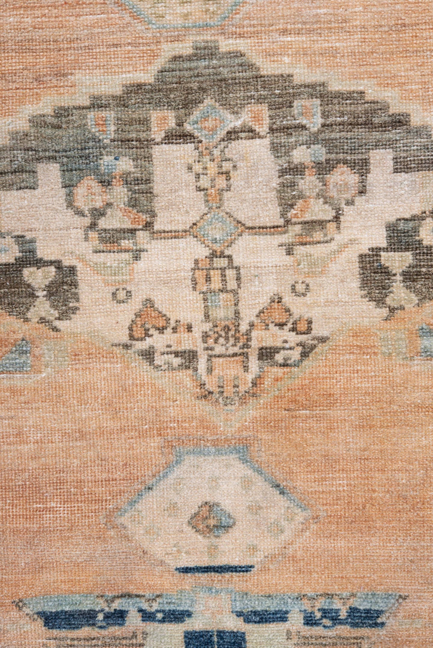 4' x 6' one-of-a-kind handmade antique Malayer small size rug. Color palette: peach, ivory, pale blue, taupe, charcoal
