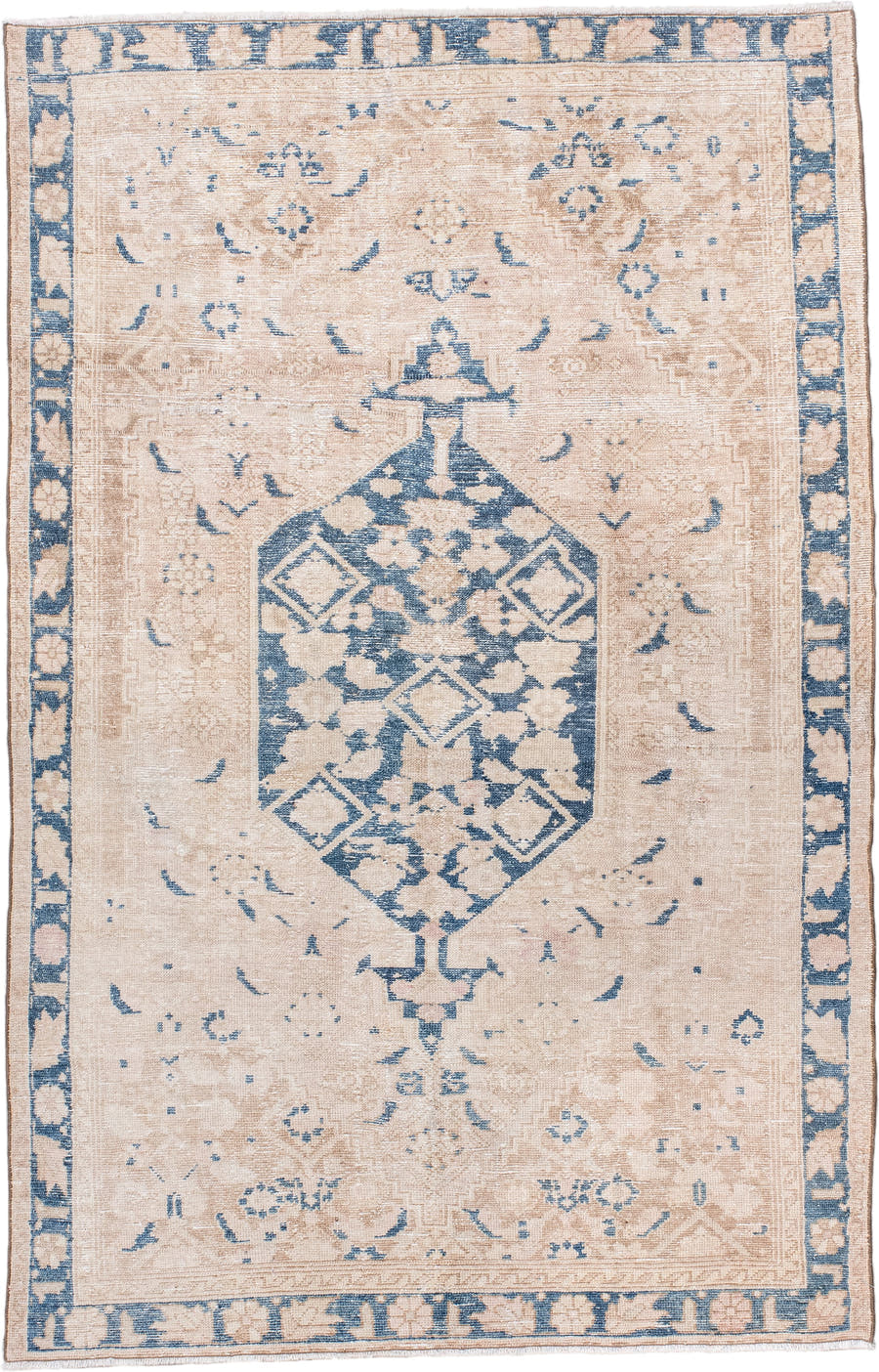 4' x 6' one-of-a-kind handmade antique Hamadan small size rug. Color palette: ivory, blue, beige, camel