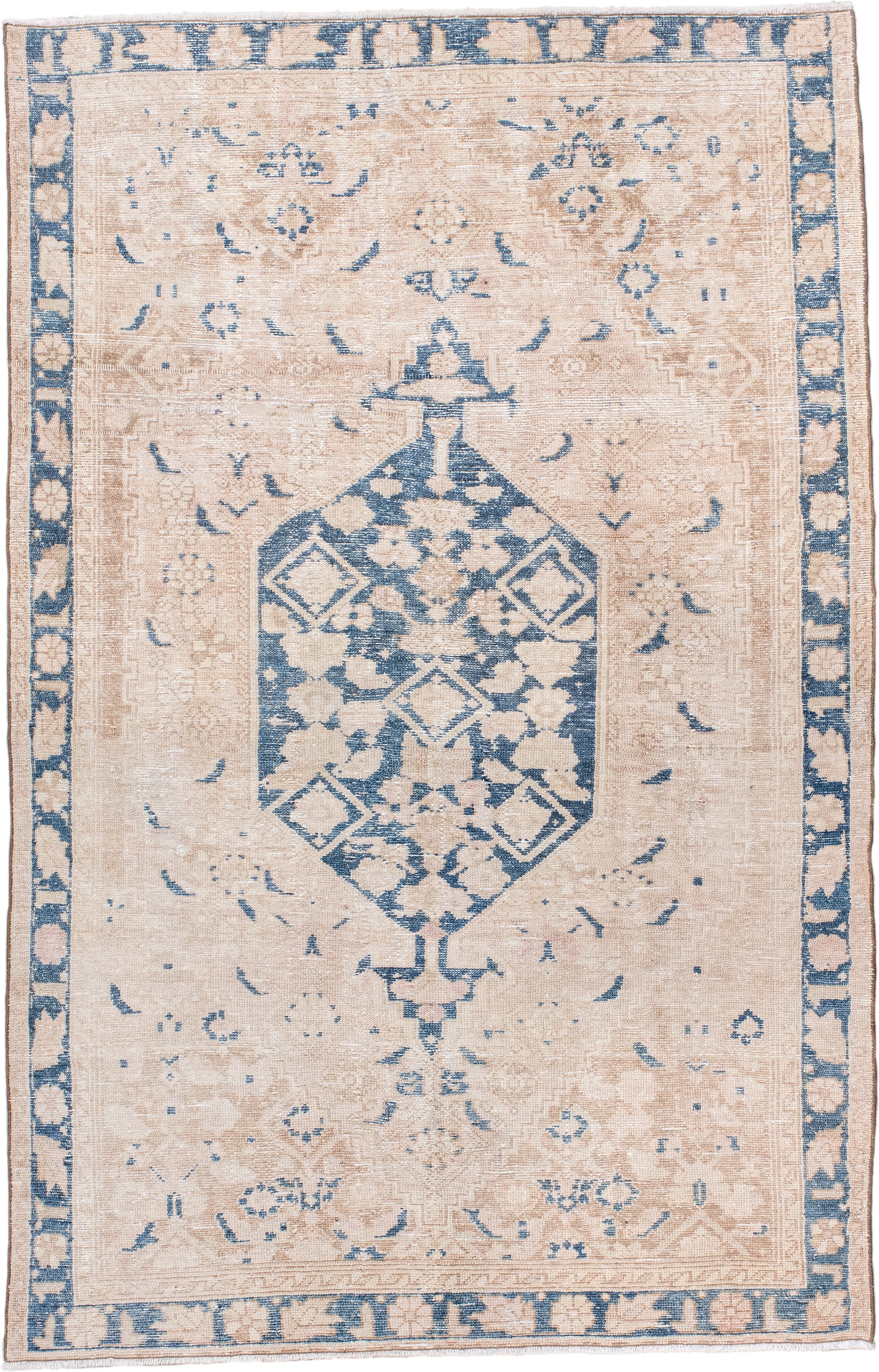 4' x 6' one-of-a-kind handmade antique Hamadan small size rug. Color palette: ivory, blue, beige, camel