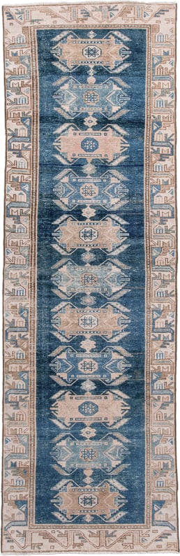 3' x 9' one-of-a-kind handmade antique Malayer runner rug. Color palette: blue, ivory, taupe, beige, slate, gray