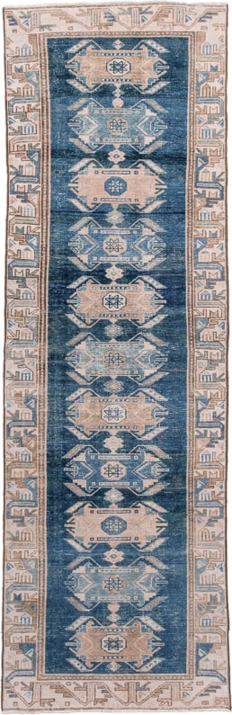 3' x 9' one-of-a-kind handmade antique Malayer runner rug. Color palette: blue, ivory, taupe, beige, slate, gray