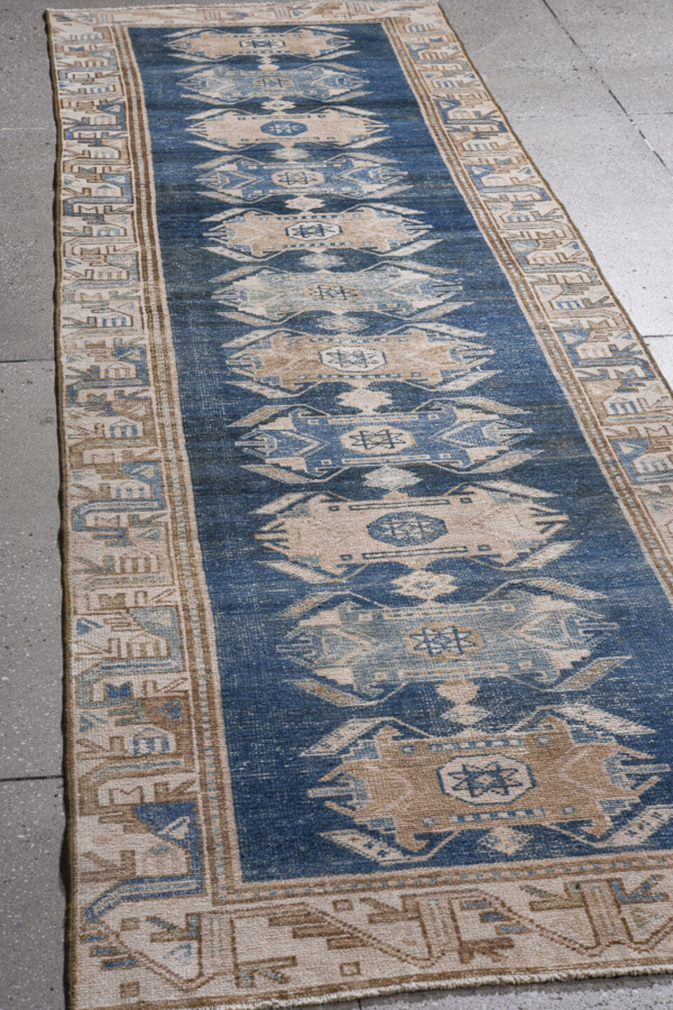 3' x 9' one-of-a-kind handmade vintage Malayer runner rug. Color palette: blue, brown, dark gray, gray, light gray