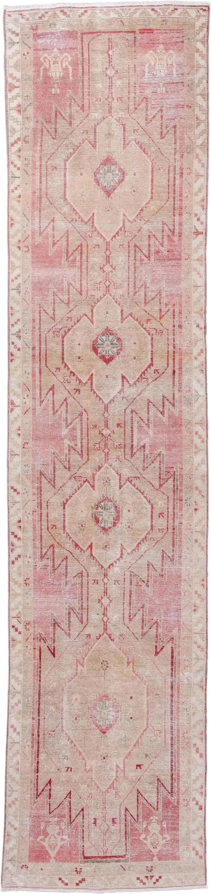 3' x 13' one-of-a-kind handmade vintage Sarab runner rug. Color palette: blush, ivory, beige, rose, taupe, faded red