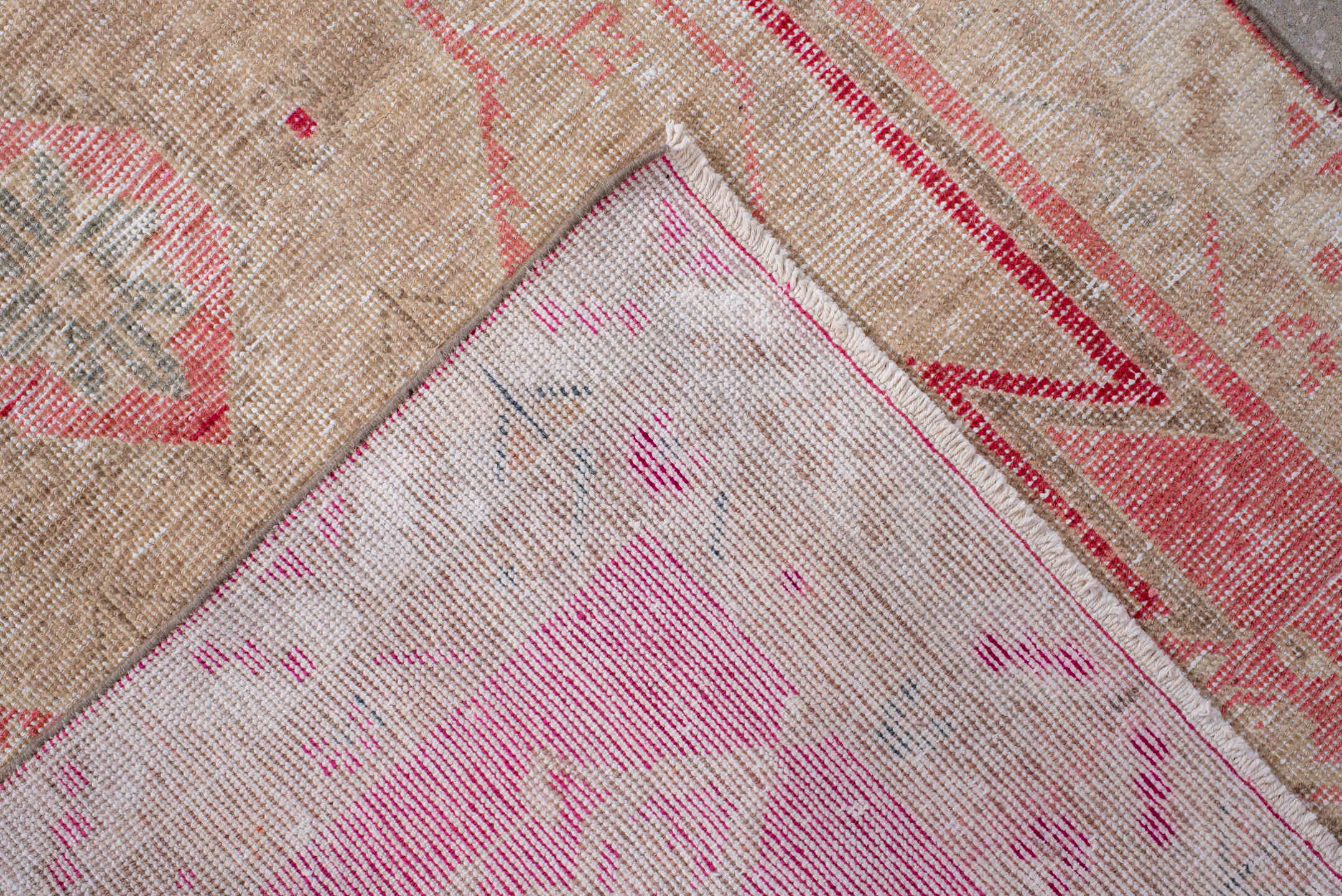 3' x 13' one-of-a-kind handmade vintage Sarab runner rug. Color palette: blush, ivory, beige, rose, taupe, faded red