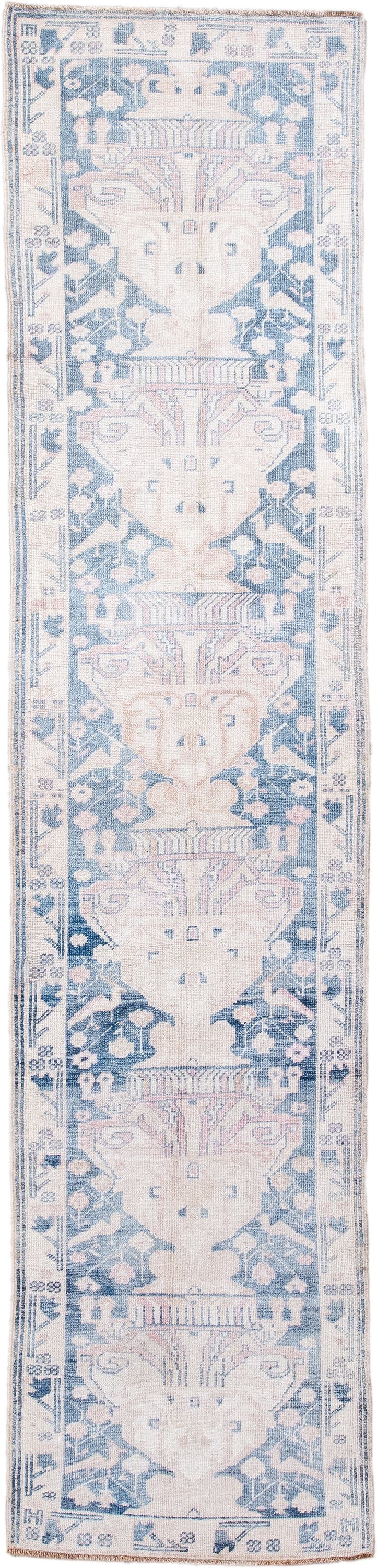2' x 9' one-of-a-kind handmade antique Anatolian runner rug. Color palette: ivory, pale blue, blush, slate, cream
