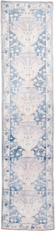 2' x 9' one-of-a-kind handmade antique Anatolian runner rug. Color palette: ivory, pale blue, blush, slate, cream