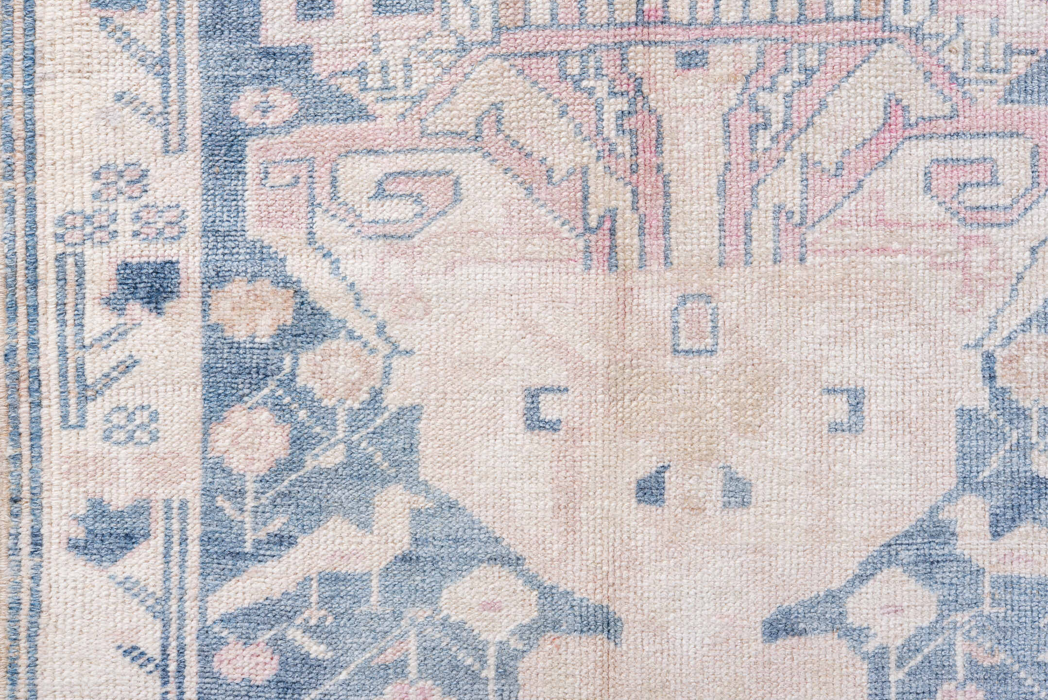 2' x 9' one-of-a-kind handmade antique Anatolian runner rug. Color palette: ivory, pale blue, blush, slate, cream