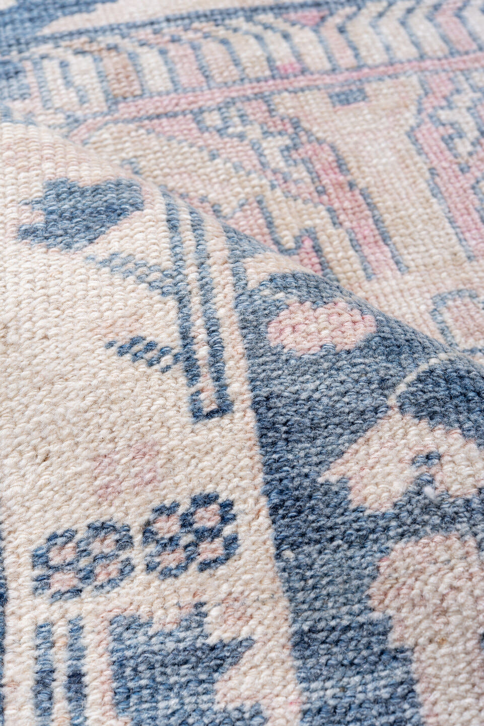 2' x 9' one-of-a-kind handmade antique Anatolian runner rug. Color palette: ivory, pale blue, blush, slate, cream
