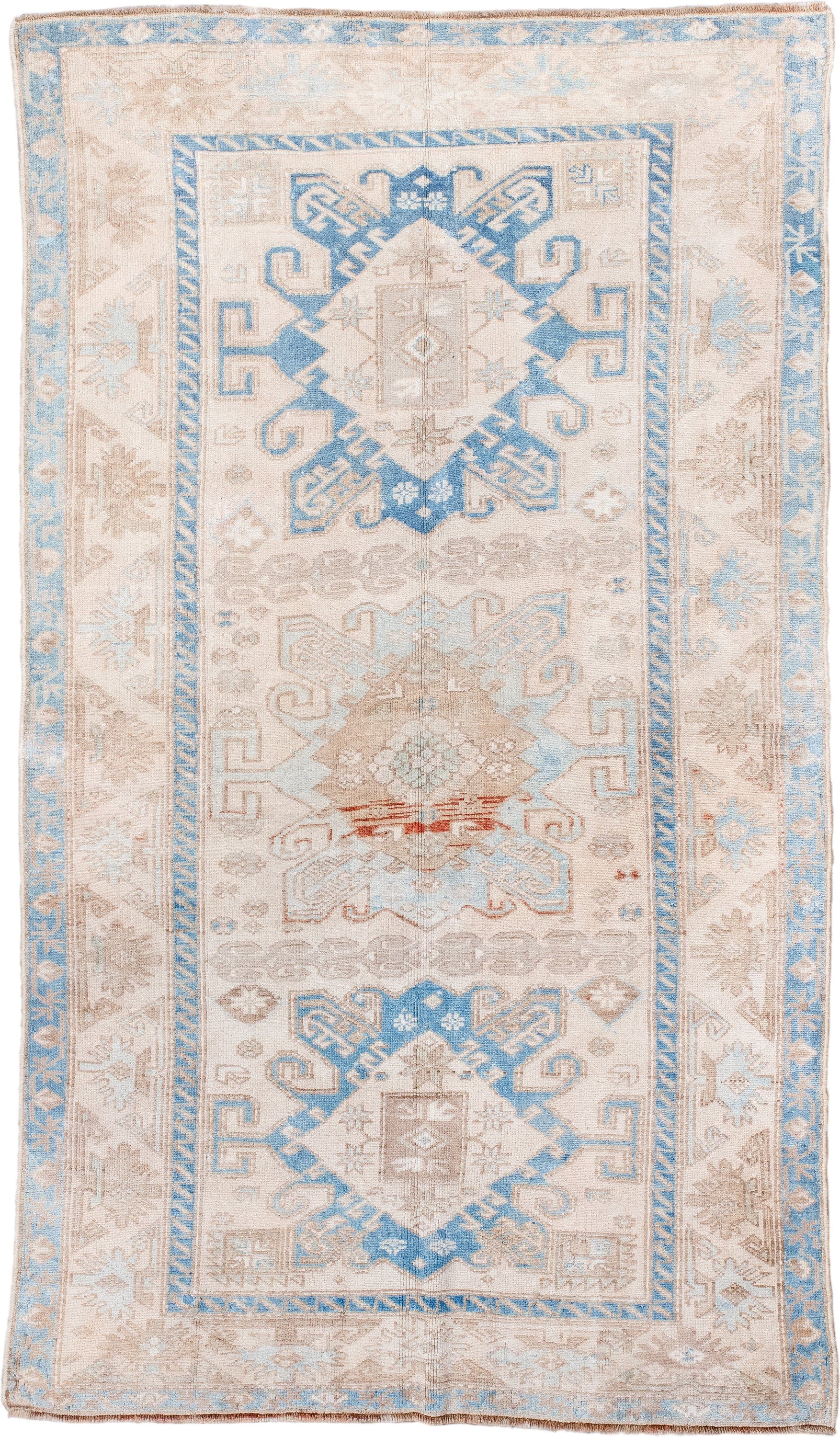 3' x 6' one-of-a-kind handmade antique Malayer small size rug. Color palette: ivory, sky blue, taupe, beige, camel, rust