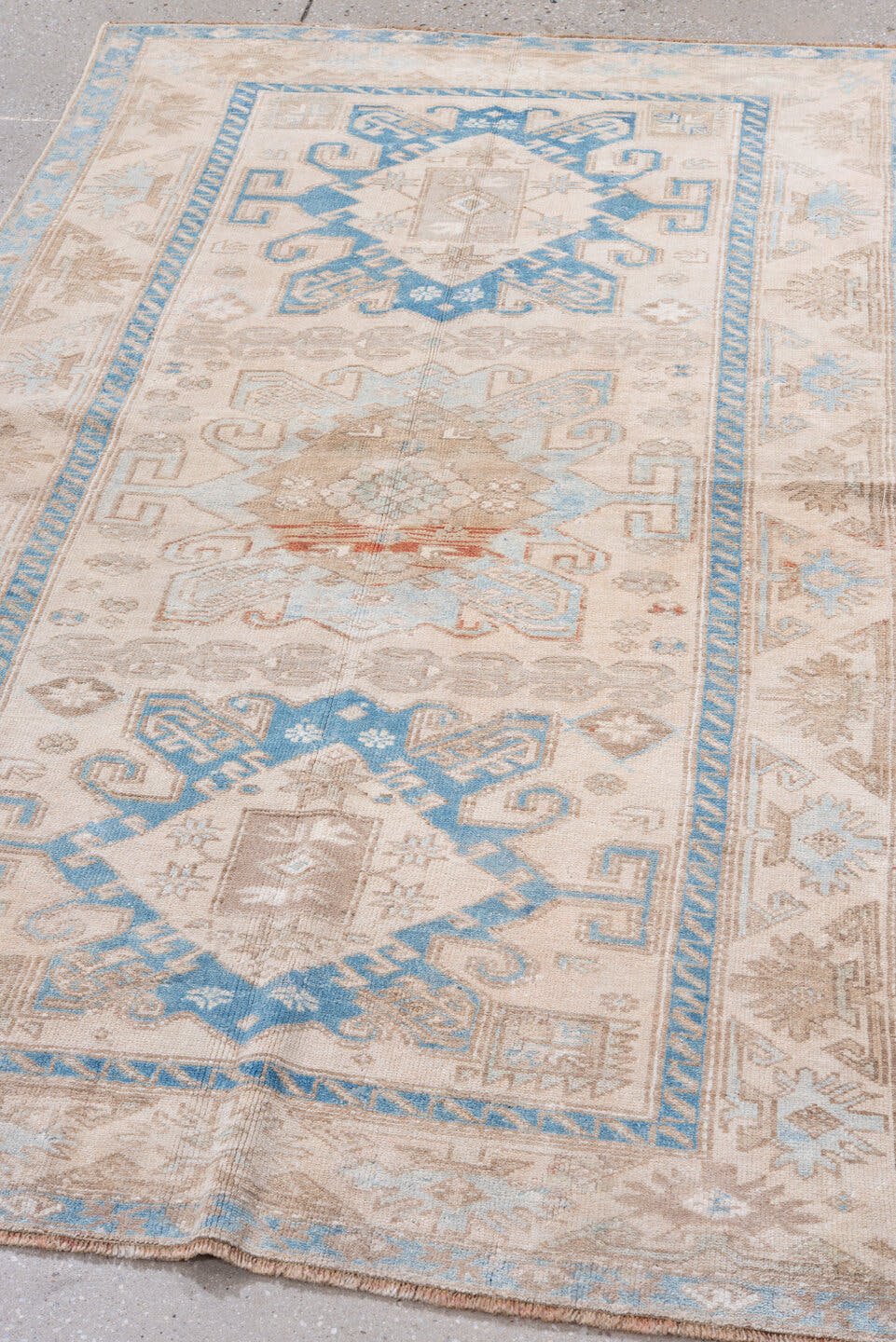 3' x 6' one-of-a-kind handmade antique Malayer small size rug. Color palette: ivory, sky blue, taupe, beige, camel, rust