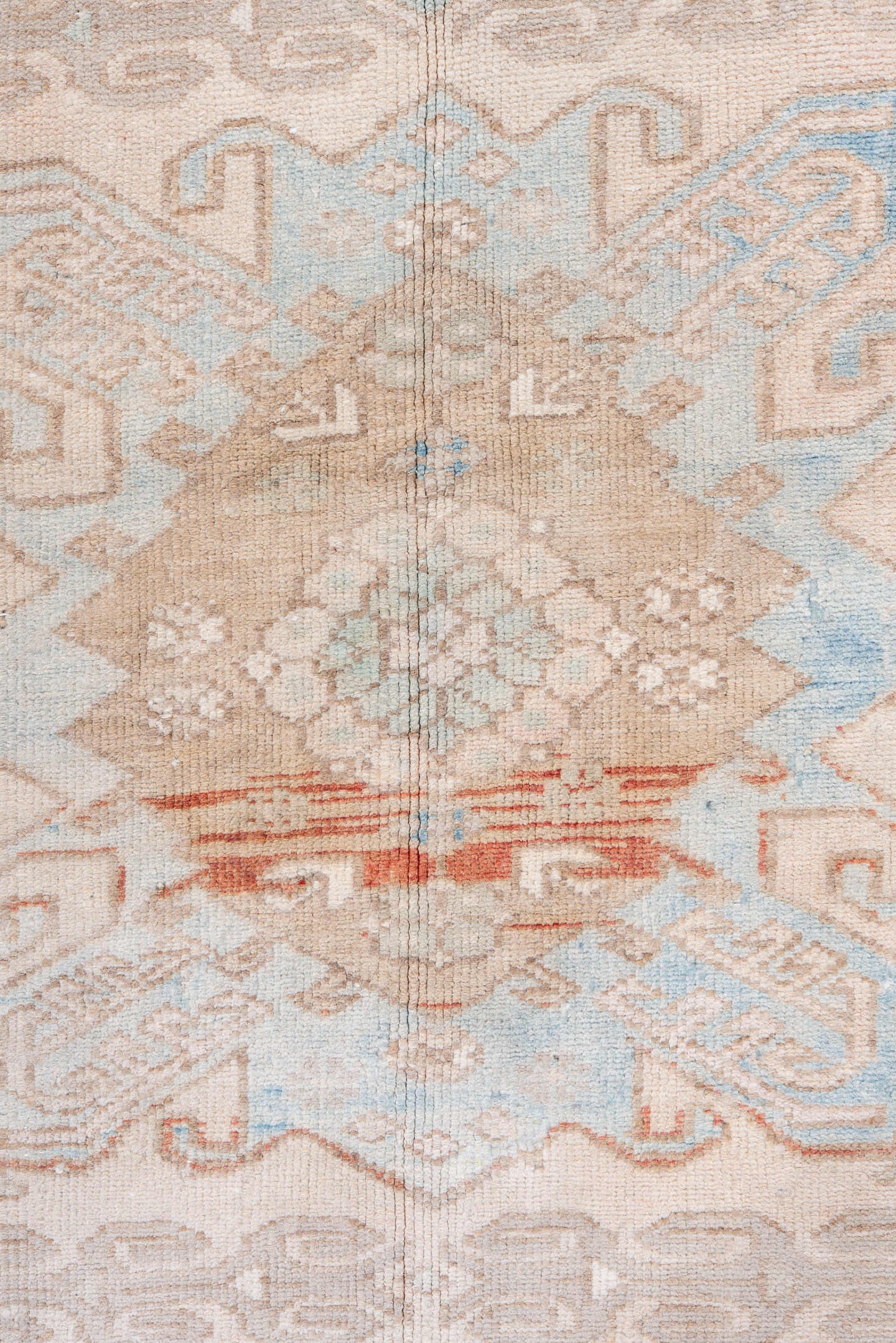 3' x 6' one-of-a-kind handmade antique Malayer small size rug. Color palette: ivory, sky blue, taupe, beige, camel, rust