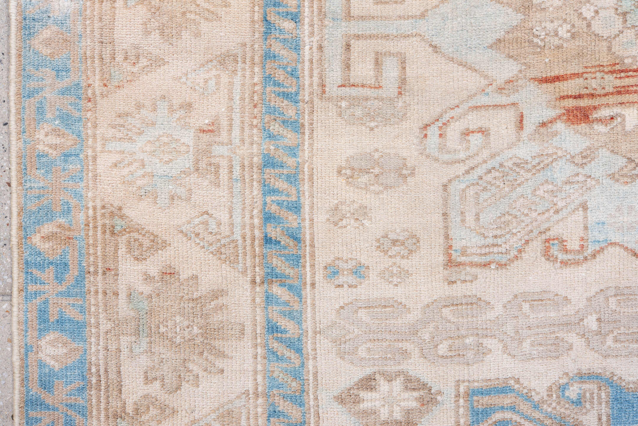 3' x 6' one-of-a-kind handmade antique Malayer small size rug. Color palette: ivory, sky blue, taupe, beige, camel, rust