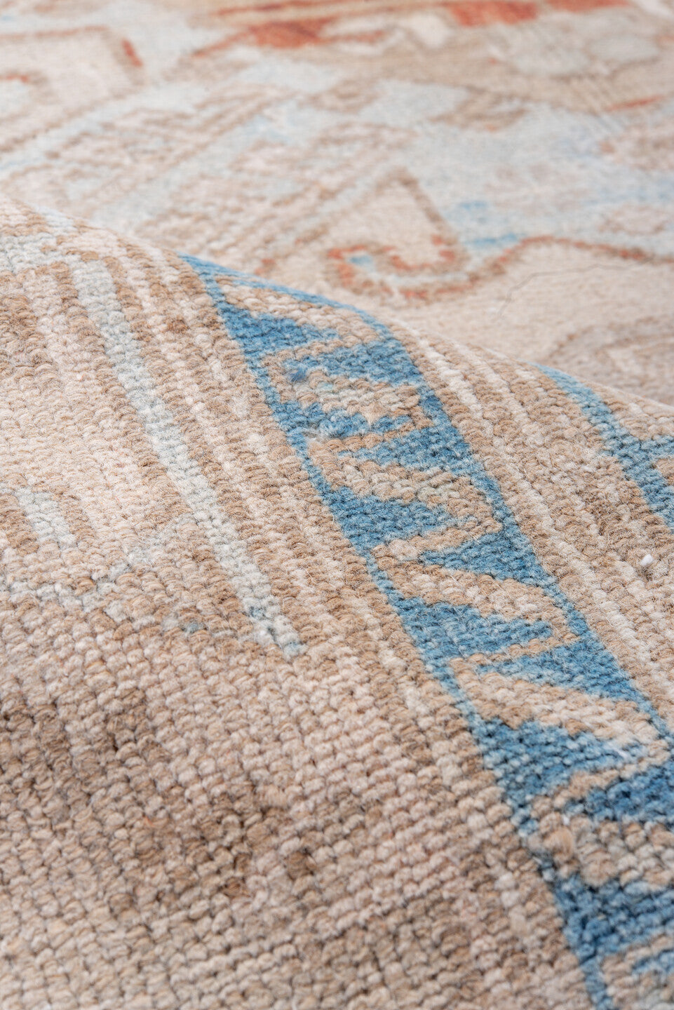 3' x 6' one-of-a-kind handmade antique Malayer small size rug. Color palette: ivory, sky blue, taupe, beige, camel, rust