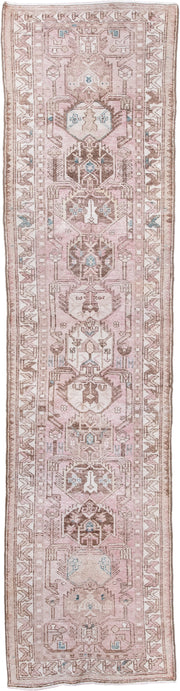 2' x 9' one-of-a-kind handmade antique Hamadan runner rug. Color palette: rose, ivory, taupe, brown, pale aqua, pink, red