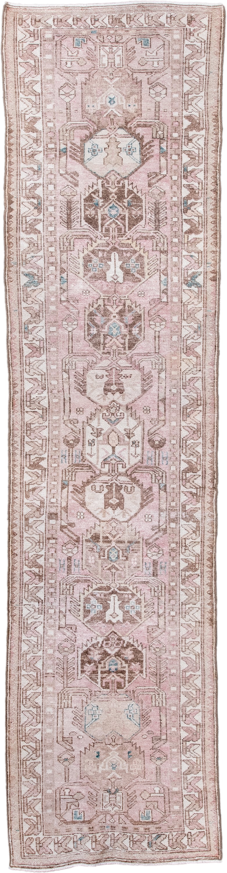 2' x 9' one-of-a-kind handmade antique Hamadan runner rug. Color palette: rose, ivory, taupe, brown, pale aqua, pink, red