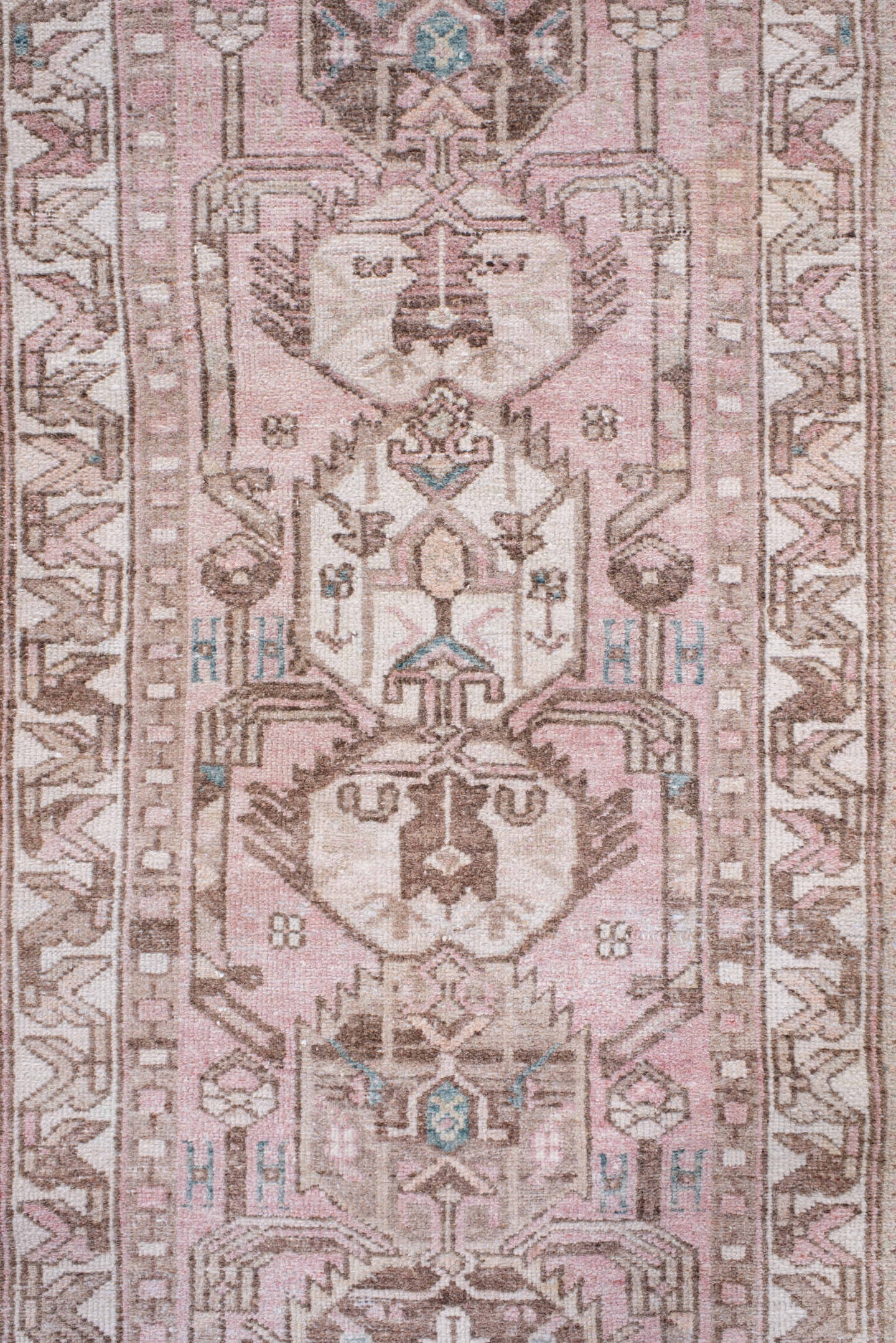 2' x 9' one-of-a-kind handmade antique Hamadan runner rug. Color palette: rose, ivory, taupe, brown, pale aqua, pink, red