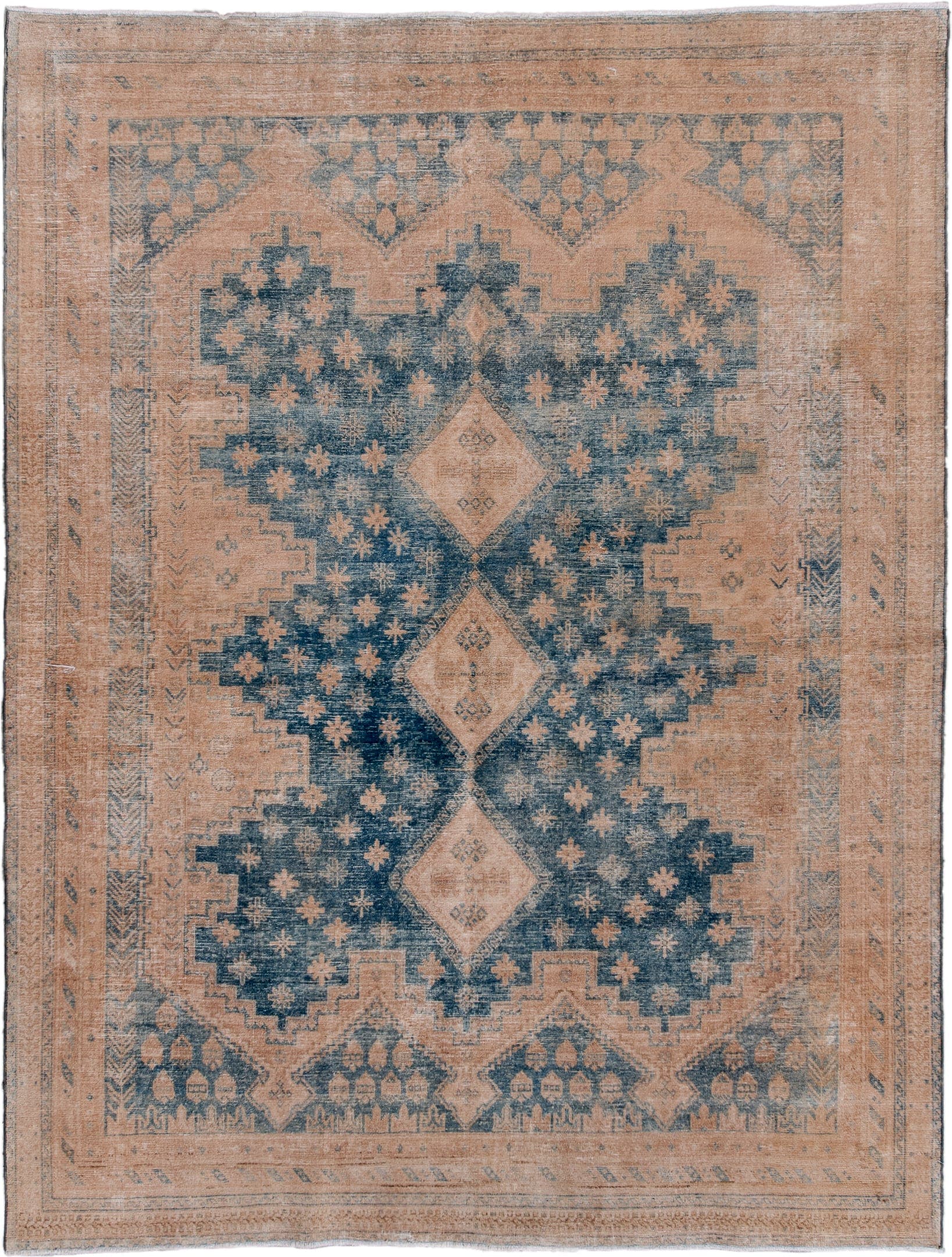 5' x 7' one-of-a-kind handmade antique Afshar rug. Color palette: camel, blue, sand, taupe, ivory, slate, beige, gray
