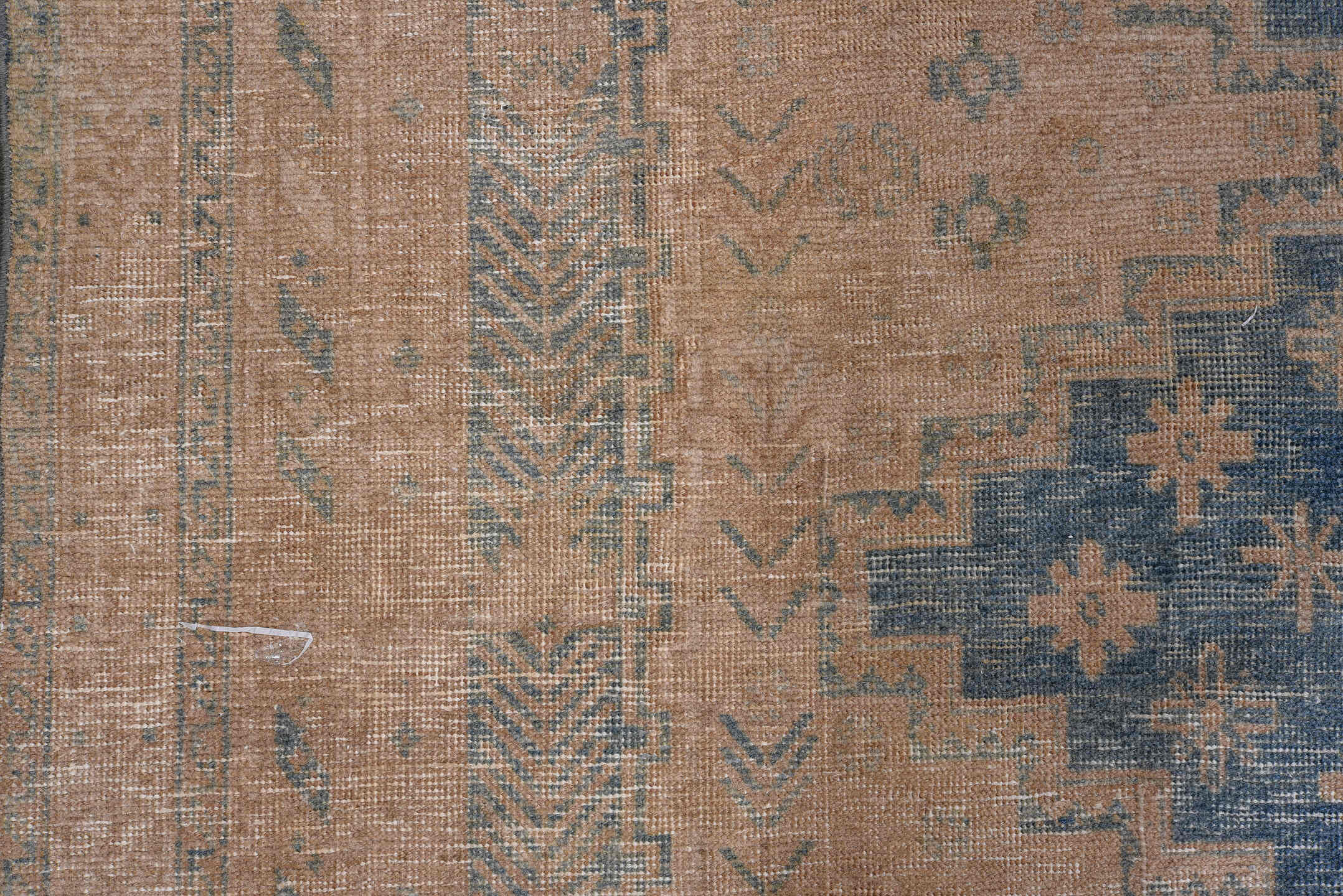 5' x 7' one-of-a-kind handmade antique Afshar rug. Color palette: camel, blue, sand, taupe, ivory, slate, beige, gray