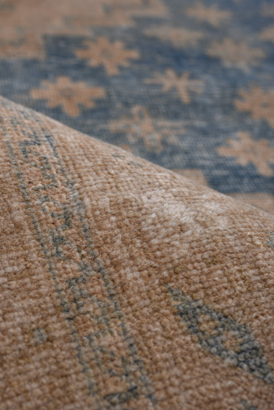 5' x 7' one-of-a-kind handmade antique Afshar rug. Color palette: camel, blue, sand, taupe, ivory, slate, beige, gray