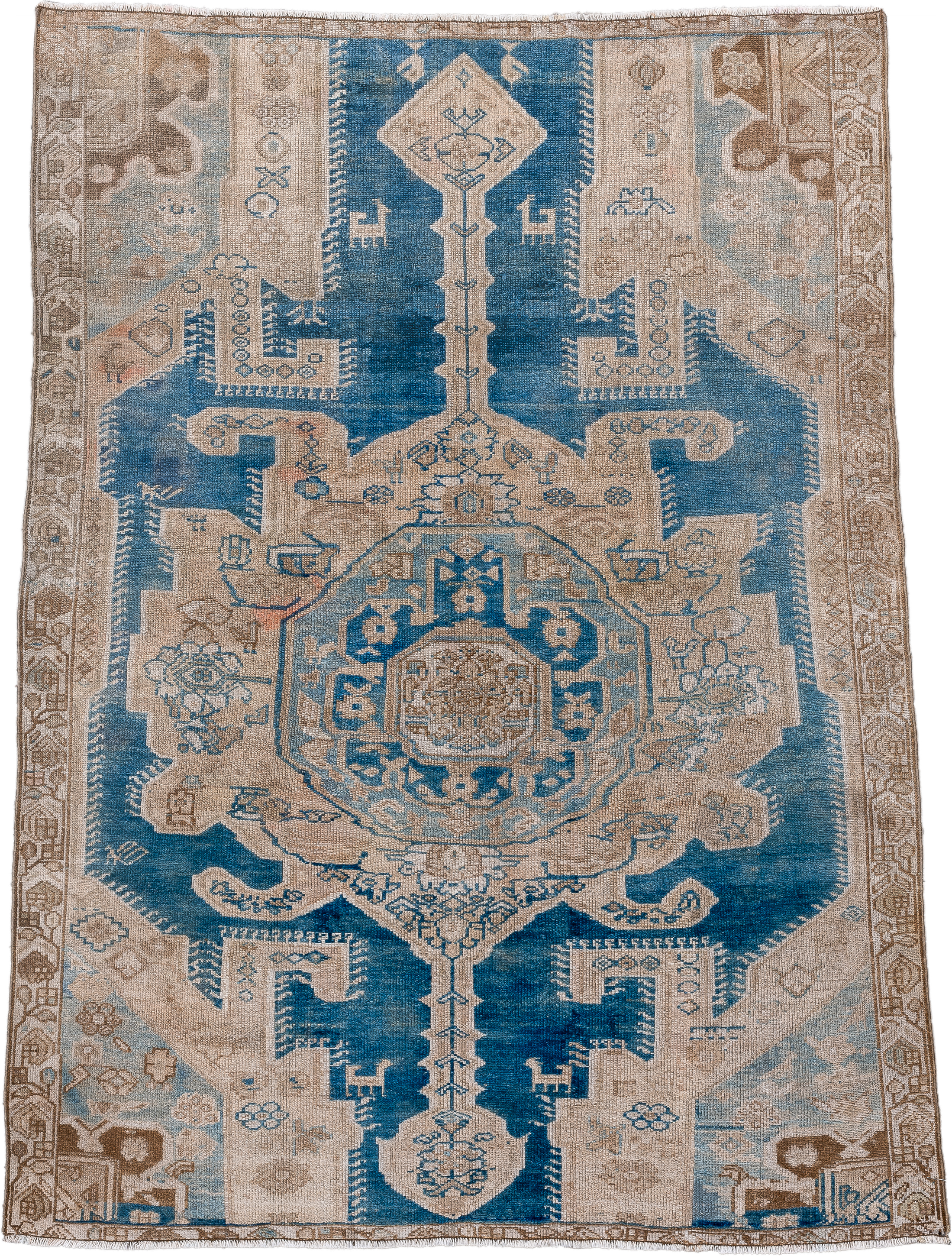 4' x 5' one-of-a-kind handmade vintage Malayer small size rug. Color palette: blue, ivory, taupe, camel, light blue, brown