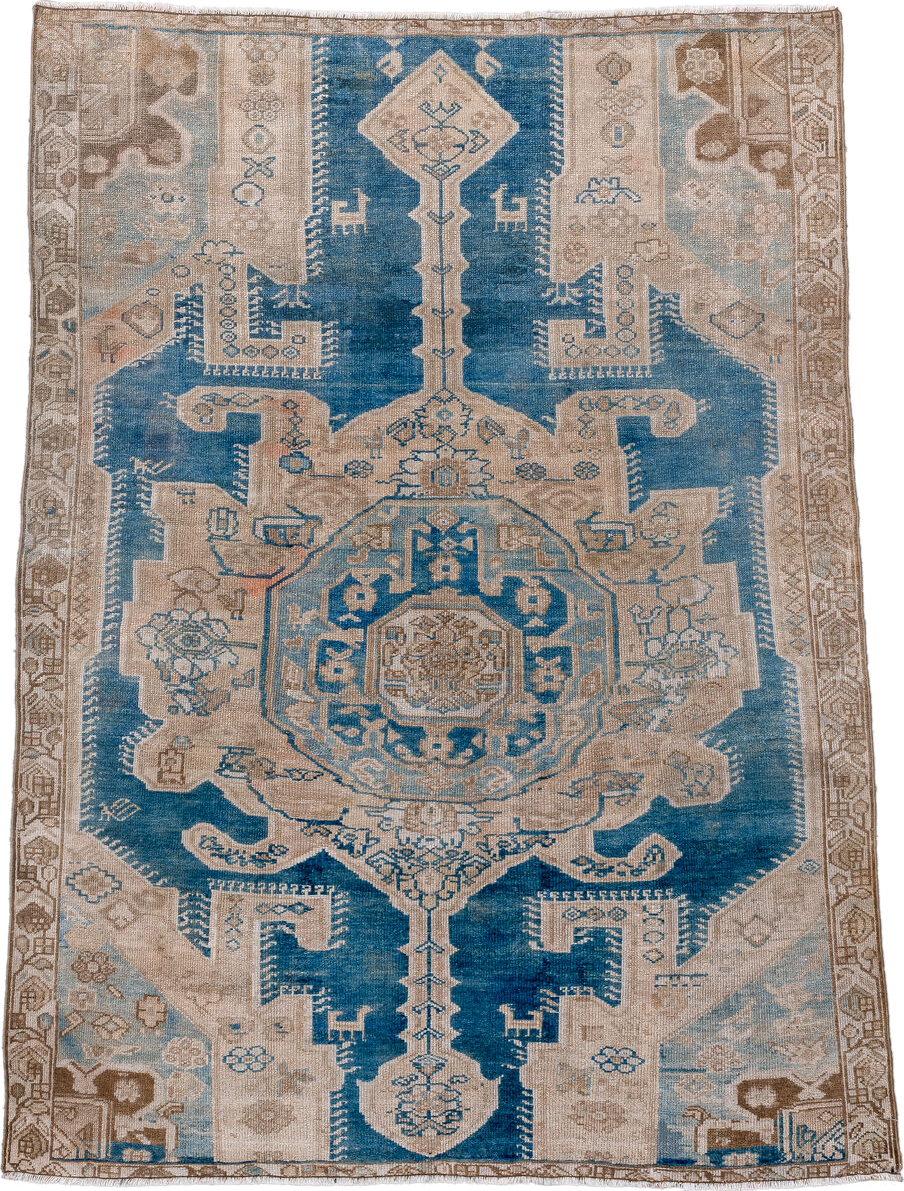 4' x 5' one-of-a-kind handmade vintage Malayer small size rug. Color palette: blue, ivory, taupe, camel, light blue, brown
