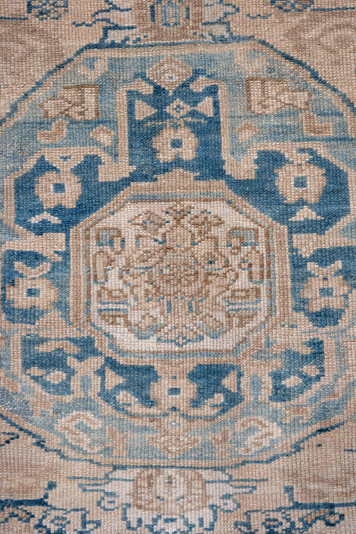 4' x 5' one-of-a-kind handmade vintage Malayer small size rug. Color palette: blue, ivory, taupe, camel, light blue, brown