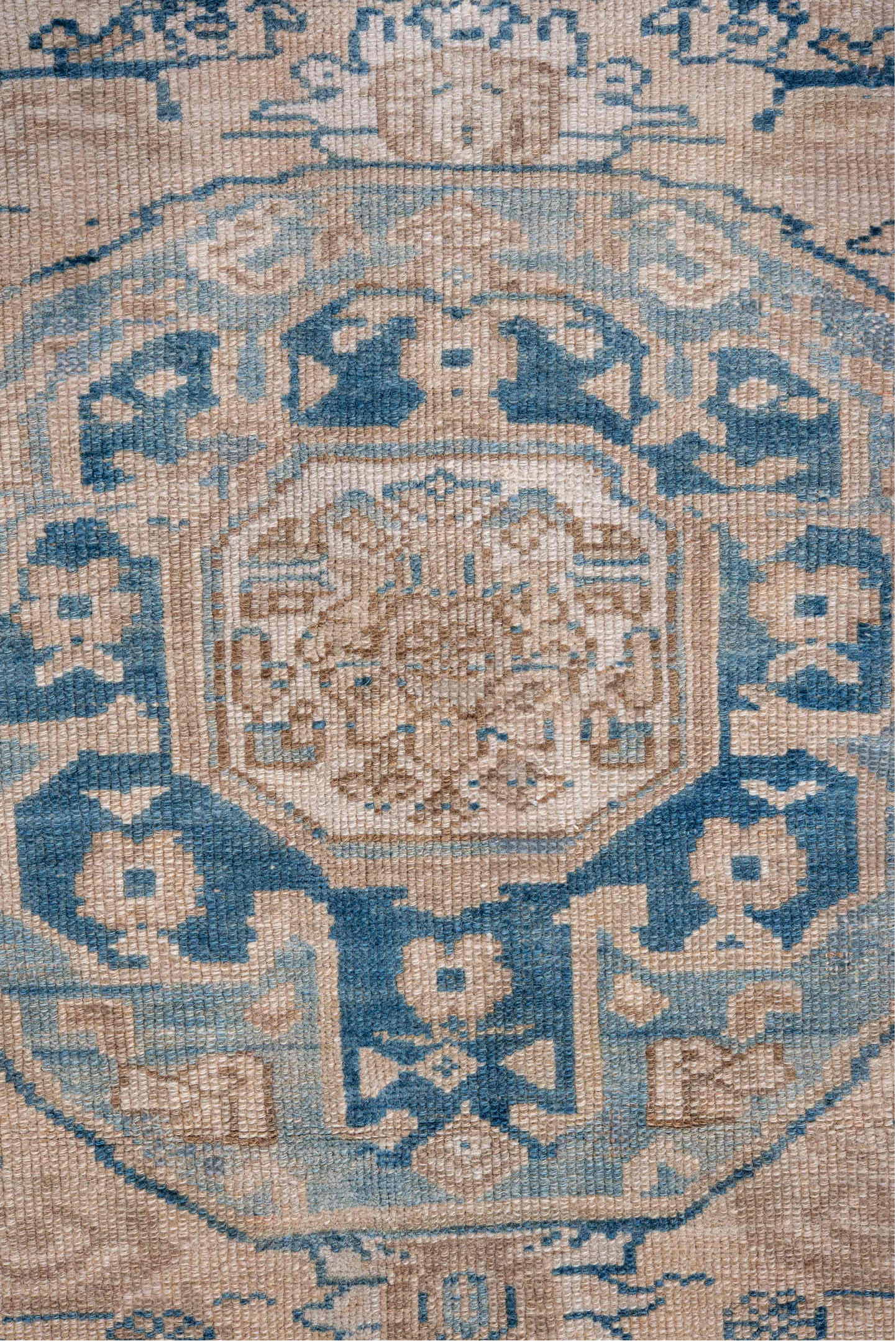 4' x 5' one-of-a-kind handmade vintage Malayer small size rug. Color palette: blue, ivory, taupe, camel, light blue, brown