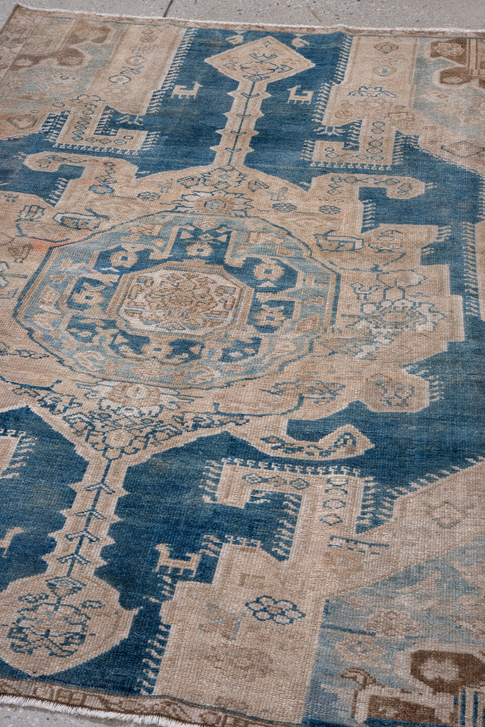 4' x 5' one-of-a-kind handmade vintage Malayer small size rug. Color palette: blue, ivory, taupe, camel, light blue, brown
